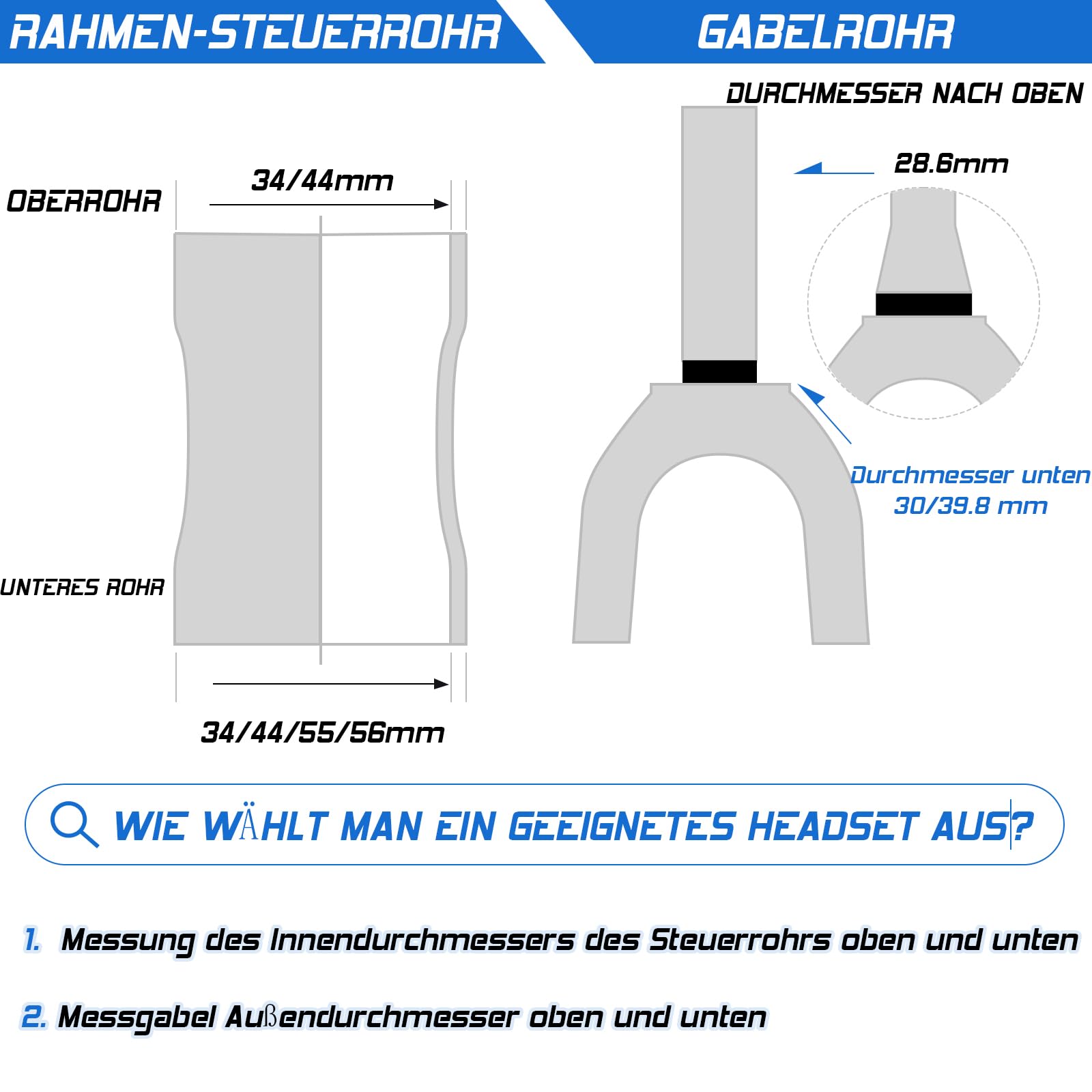 1-1/8 Fahrrad-Steuersatz MTB Gewindefrei 34 44 44-55 44-56 mm, gerades konisches Rohr Mountainbikes Rennrad Doppelt abgedichtete Lager Steuersätze, für Rahmen Gabel-Expander-Stopfen Sternmutter