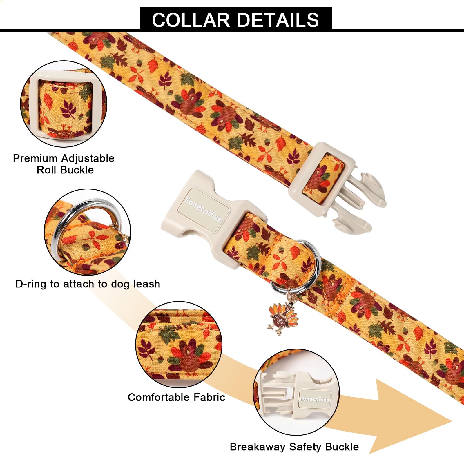 Lionet Paws Thanksgivng Day Dog Collar- Cute Yellow Turkey Dog Collars with Plastic Buckle and Turkey Pendant - Image 4