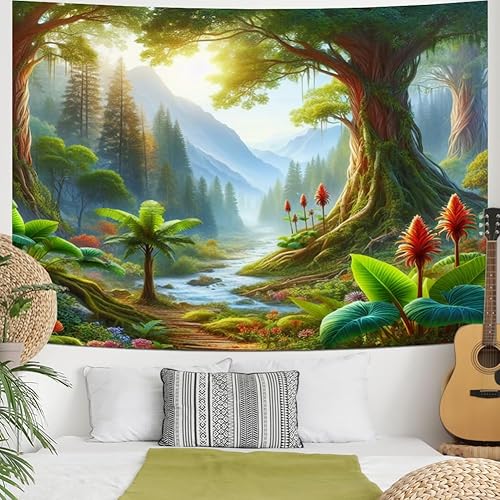 Miniatura 3 de Heopapin Tapiz de bosque de montaña brumosa, tapiz de naturaleza con árboles grandes, tapiz para colgar en la pared, tapiz de paisaje de bosque