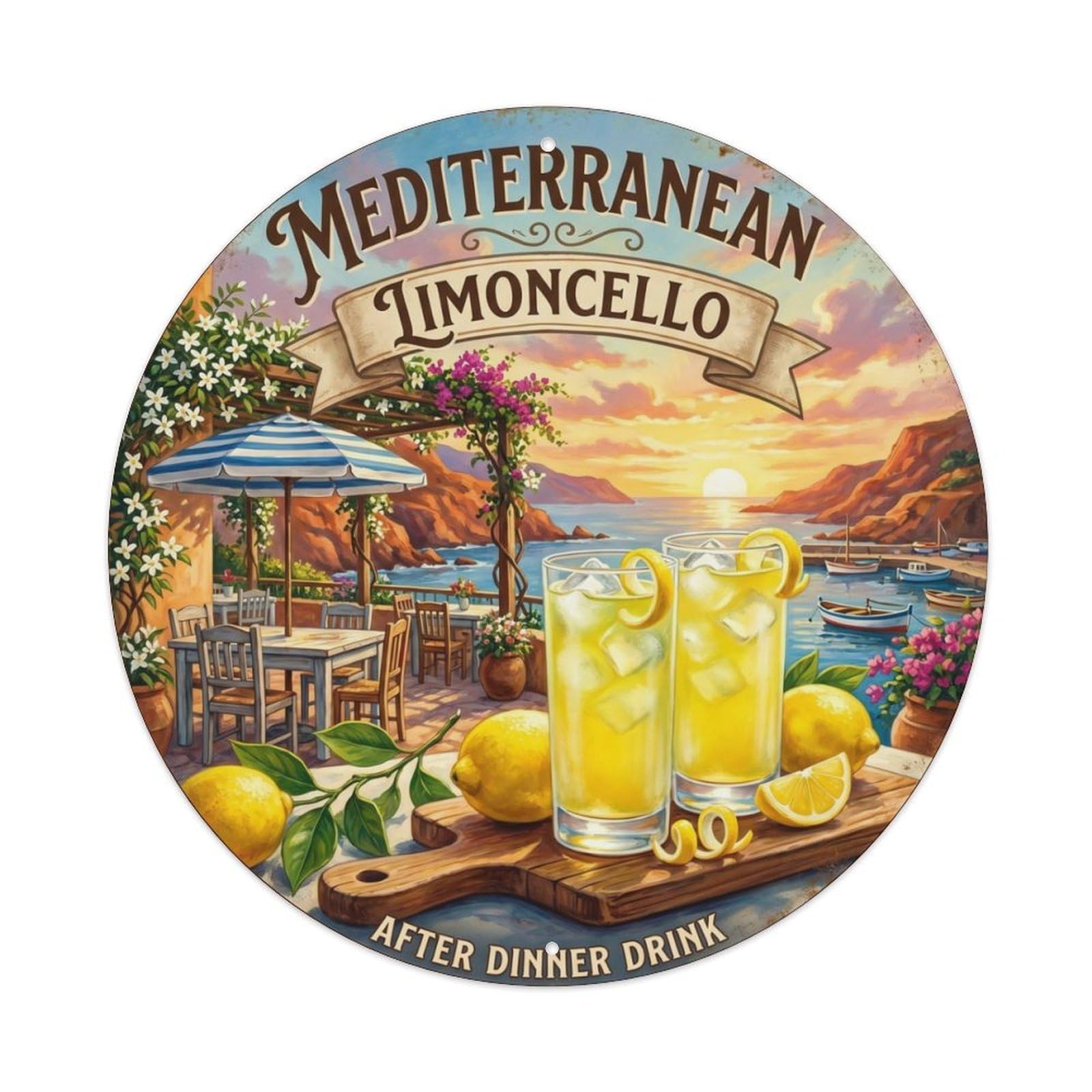 Fqcyn Style Coastal Limoncello Drink Metal Tin Sign Plaque Wall Decor For Cafe, Club Bar, Office, Home Garden Round Metal Poster 8X8inch