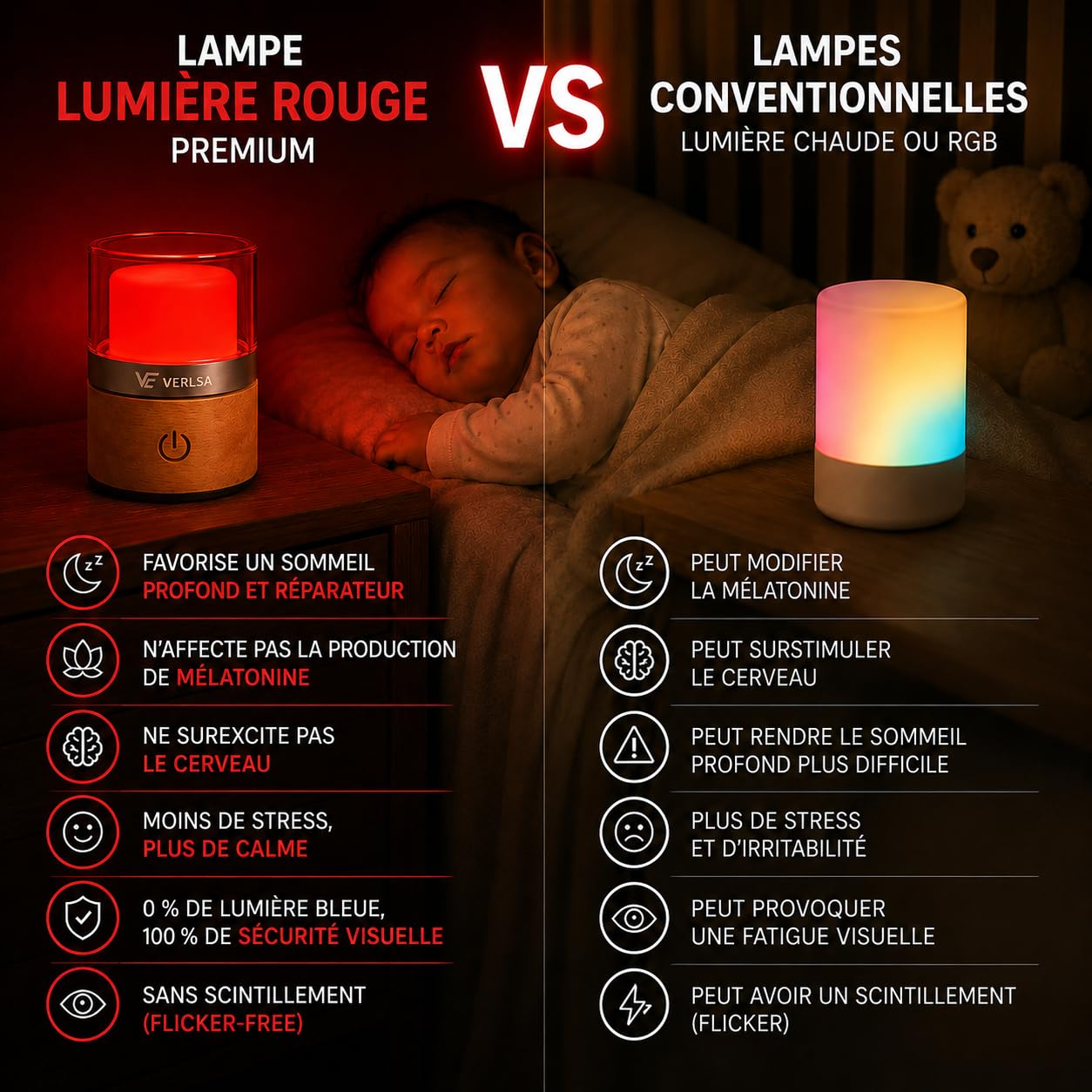 Veilleuse Enfant Bébé Lumière Rouge Nocturne Mélatonine 660nm USB-C
