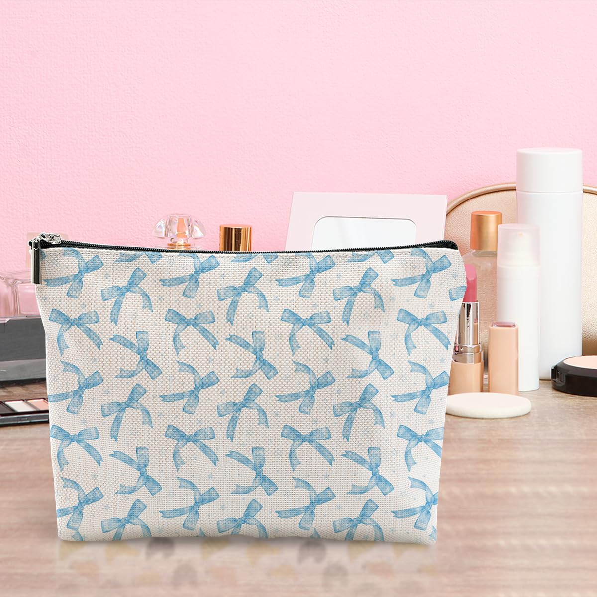 Coquette Makeup Bag Trendy Teen Girls Gifts Blue Bow Pouch Bag Gift for Women Aesthetic Cosmetic Bag Preppy Stuff Trendy Preppy Makeup Bag Funky Zipper Travel Toiletry Bag