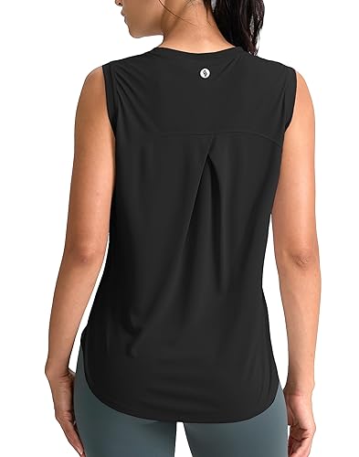 SANTINY Women's Sleeveless Workout Tops Breathable Lightweight Active Tennis Yoga Shirts Athletic Running Tank Tops for Women - Medium - Black