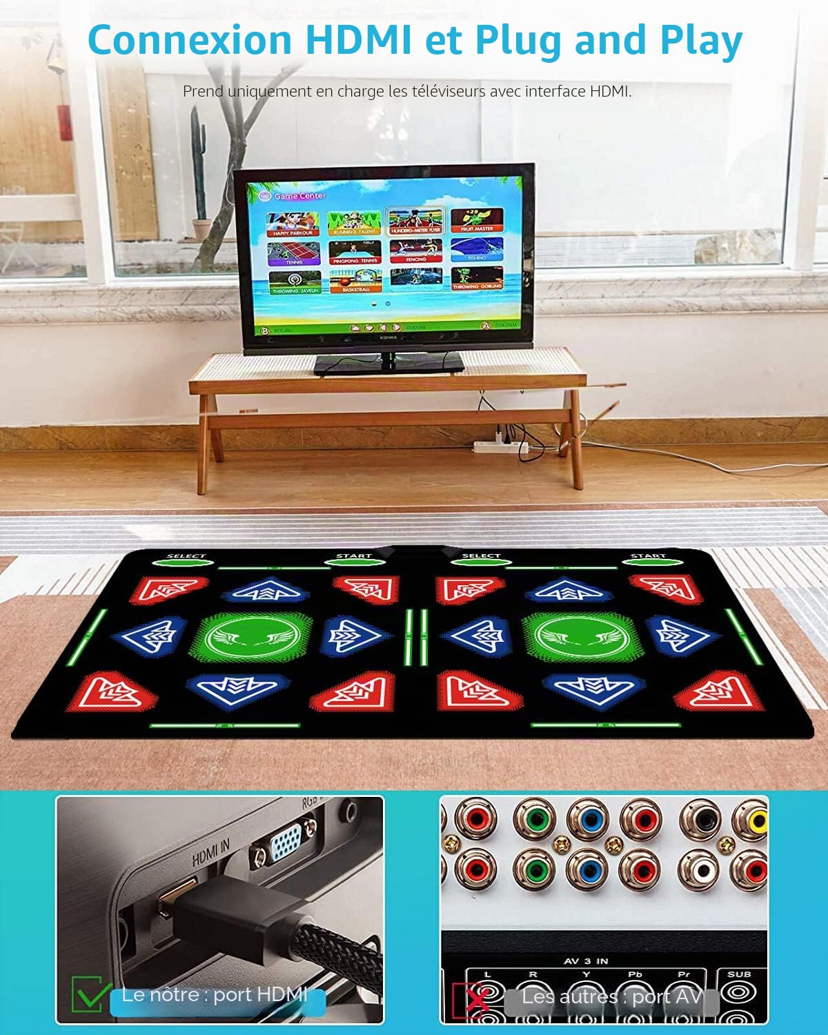 Tapis de danse HDMI, 64 Go, 1000 jeux, 81 vidéos MTV, 885 chansons. Combine la danse, le yoga, l'aérobic, la course, le sport et les jeux de réflexion pour enfants. Matériau en flanelle,
