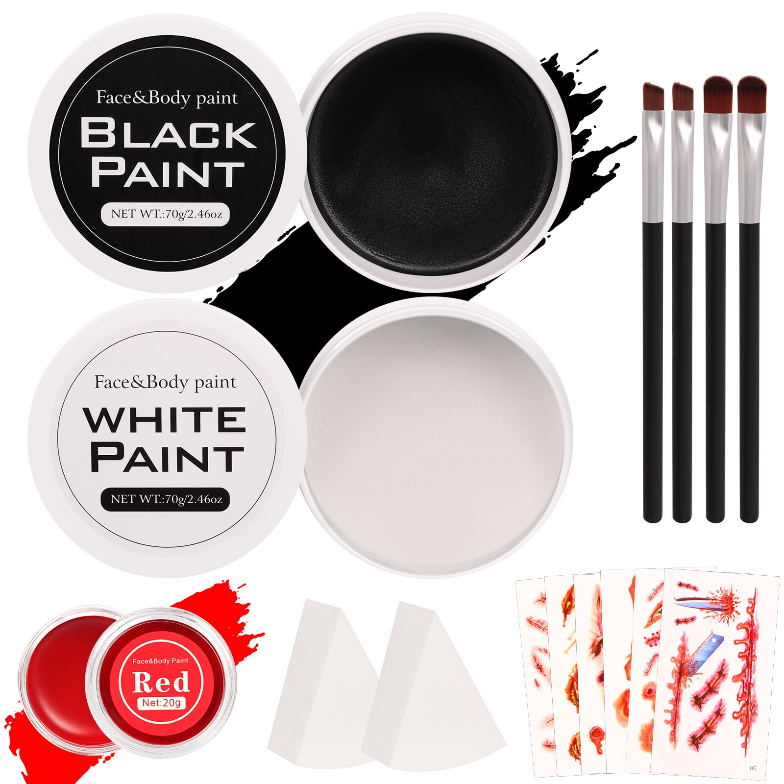 Halloween Makeup Kit for Adult, Black White Red Face Paint for Zombie Skeleton Clown Makeup with 4 Brushes, 2 Sponges, 6 Tattoos, Oil-based Face Painting Kit for Halloween Costume, Theme Cosplay