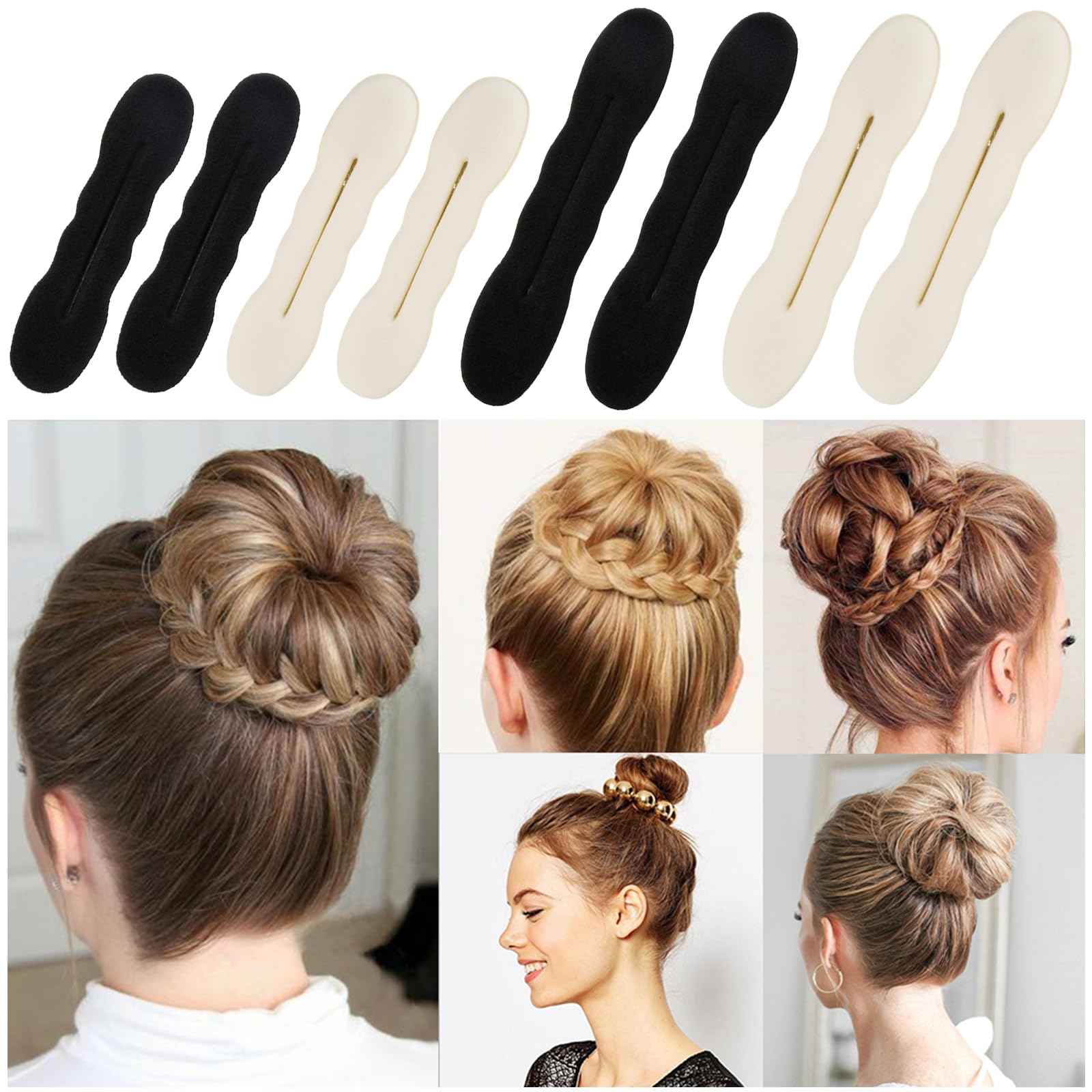 Pelo Moño Maker, Pinza de Esponja para Peinar el Cabello Donut Herramienta de Rosquilla de Giratoria, Herramientas de Peinado para Moños, 4 Piezas Moños Accesorios, 2 Grandes y 2 Pequeños (Negro)