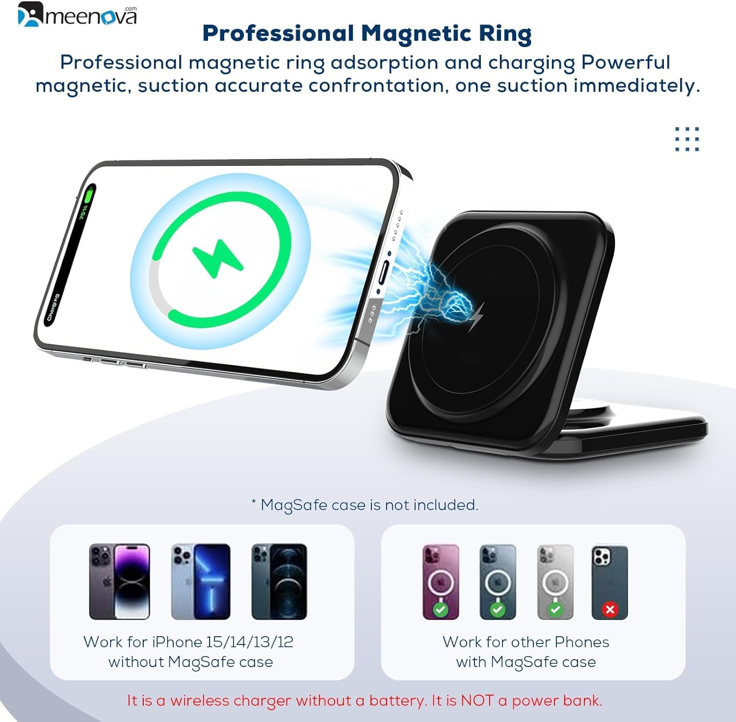 Meenova Foldable 3 in 1 Wireless Charger Compatible with MagSafe, Apple iPhone 15 14 13 12, Watch, AirPods, Lightweight Portable,Strong Magnetic Attraction Suitable for Outdoor Offices, etc. (Black)