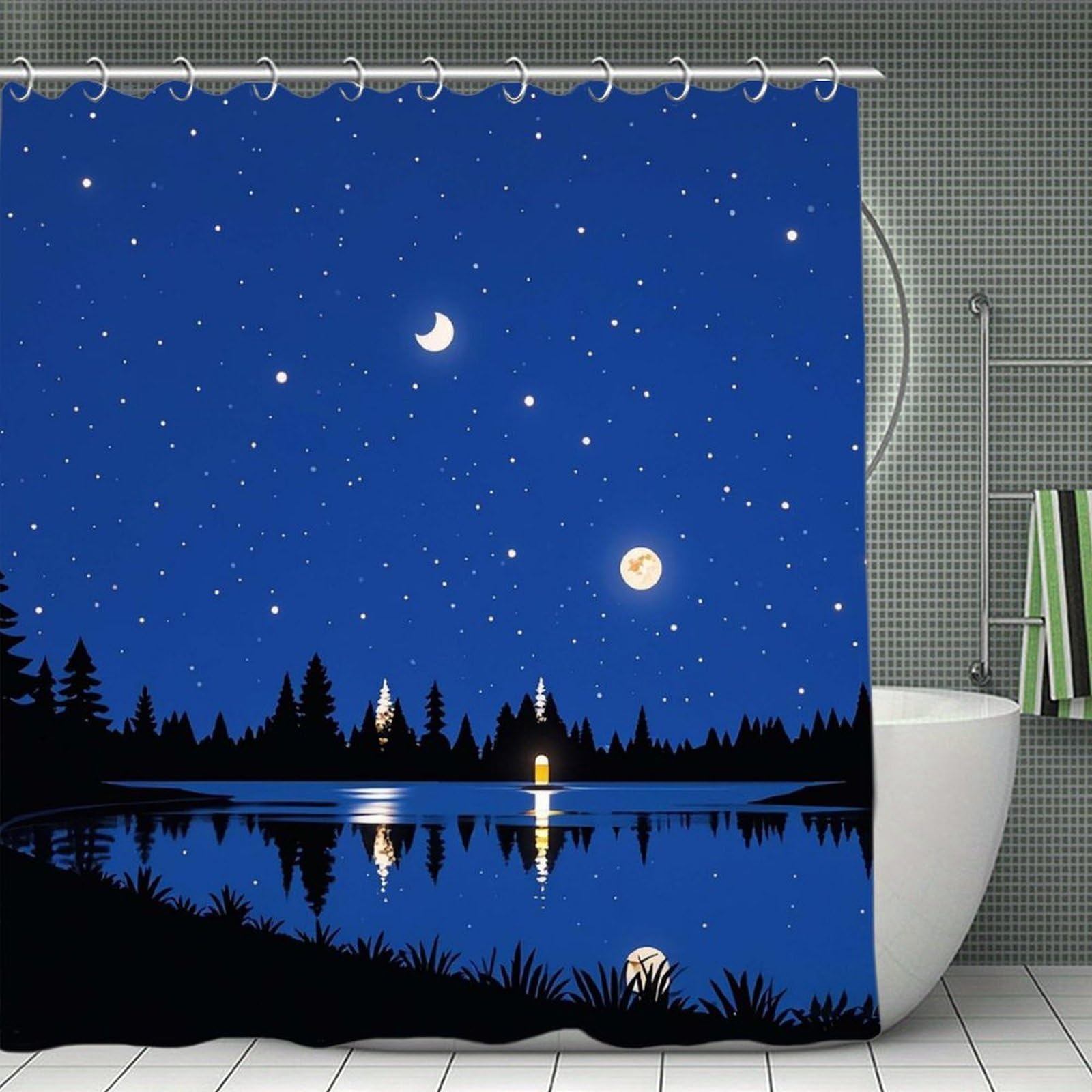 QMNLKH The Lake in The Night Sky Shower Curtain with Hooks, Waterproof Bath Curtains for Bathroom, Lightweight Bath Curtains Liner for Hotel, Personalized Bath Curtain for Spa, 70.8 Inch