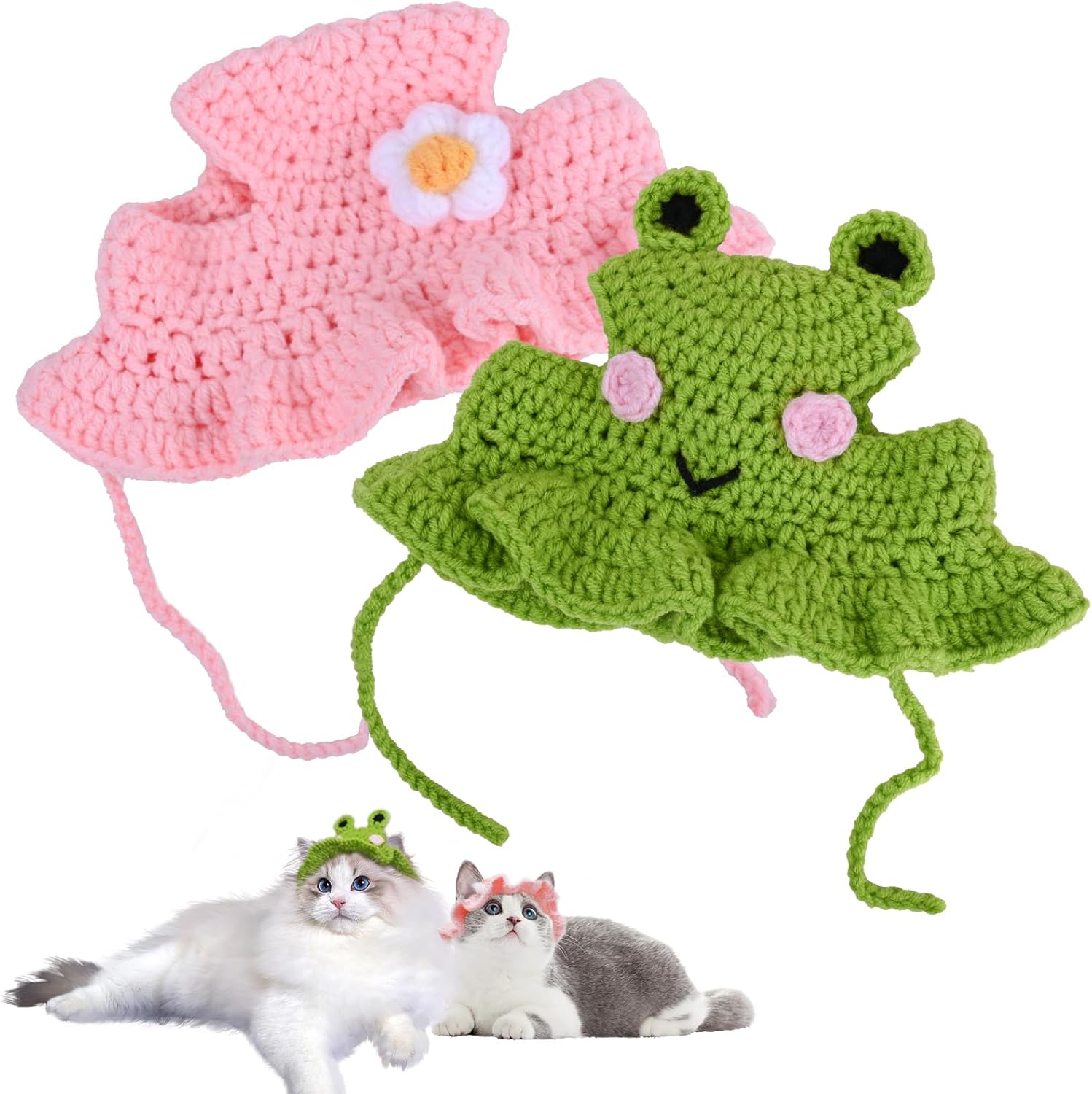 2 PCS Knitted Cat Hat in Pink & Green – Funny Outfit for Pet Birthday, Christmas, Halloween (One Size)