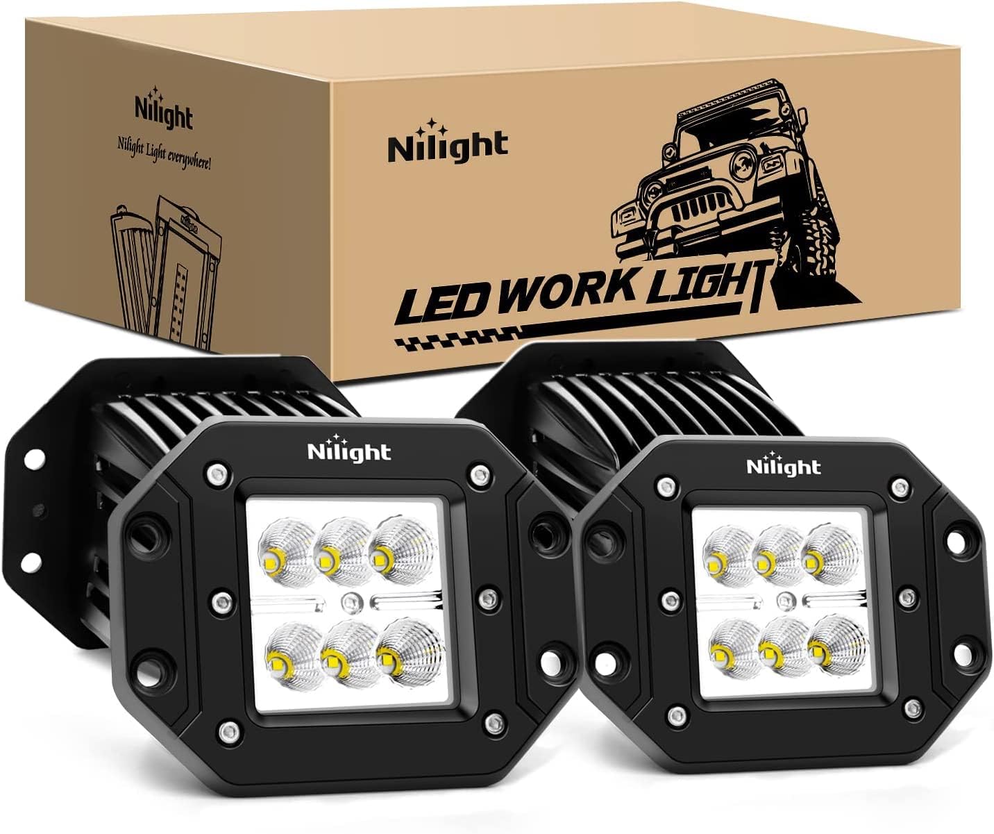 Nilight LED Pods 4PCS 18W Flood Flush Mount LED Work Light Driving Lights Led Light Bar Off Road Fog Lights for Jeep Truck Tacoma Bumper ATV UTV