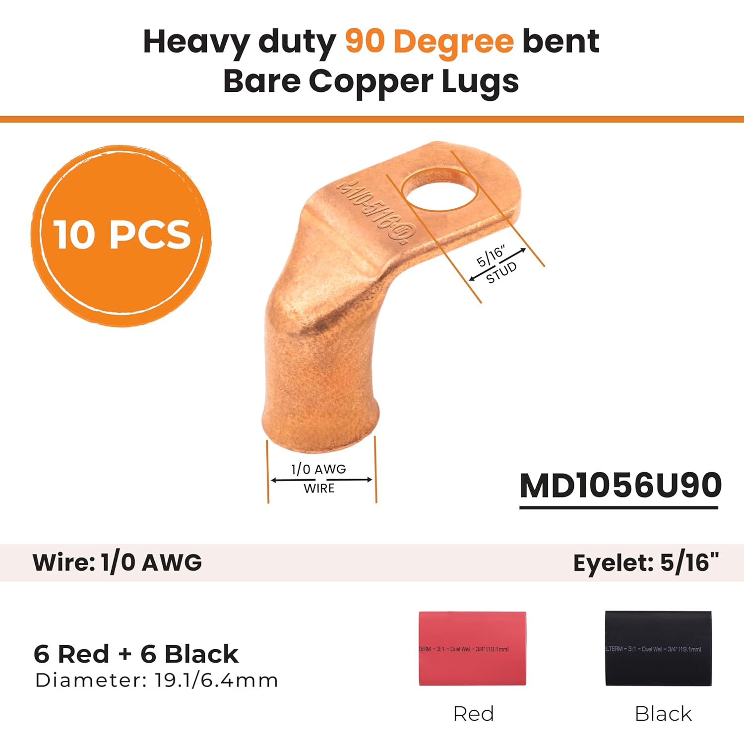 SELTERM 10pcs - 1/0 AWG 5/16" Stud 90° Bent Battery Lugs - Ring Terminal Connectors with 12pcs 3:1 Black & Red 3/4" Heat Shrink Tubing - Heavy Duty Battery Cable Ends - Bare Copper Wire Connectors Kit