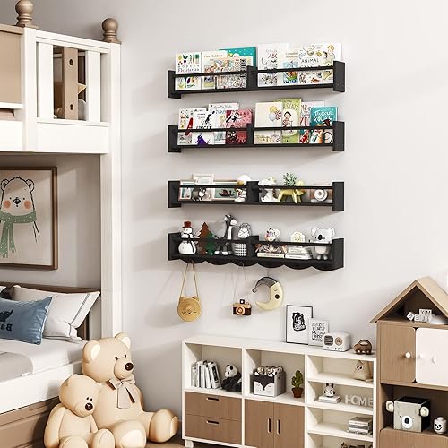 Miniatura 7 de Estantería de guardería de 34 pulgadas, juego de 4, estante flotante de pared para niños con 6 ganchos, estante colgante para decoración de