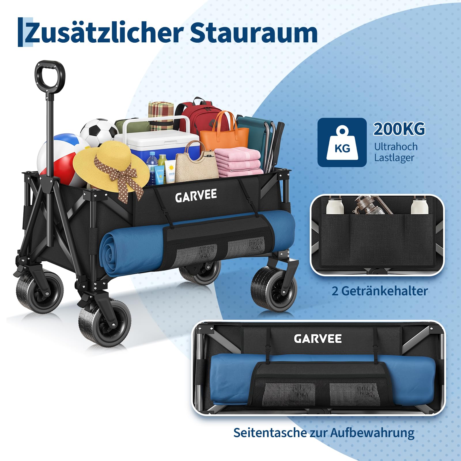 GarveeLife XXL Bollerwagen Faltbar, 200kg Belastbar & 200L Volumen, Handwagen mit Bremsen & 20cm Offroad-Rädern, Klappbarer Transportwagen mit Seitentaschen für Strand, Camping & Garten, Schwarz