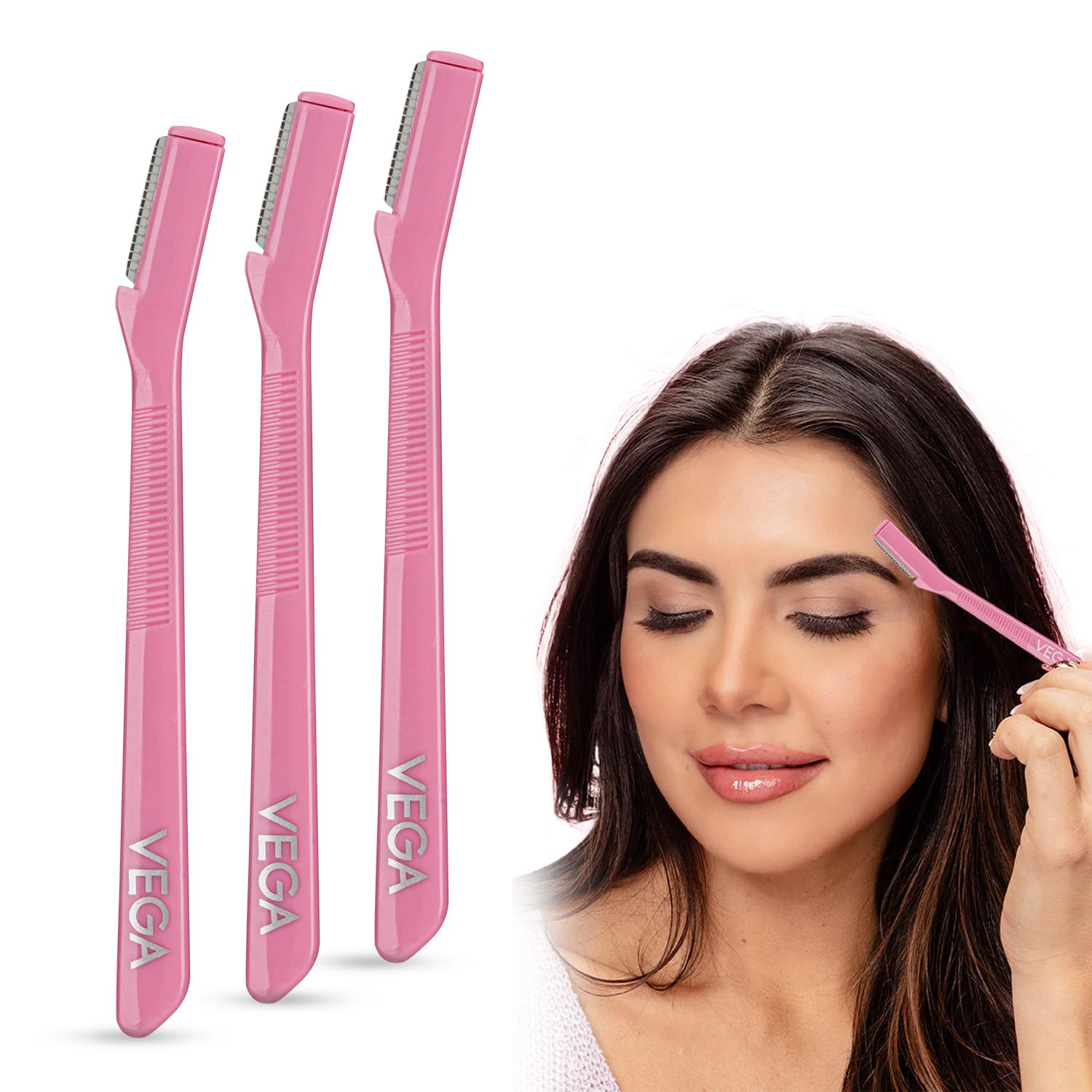 Vega Eyebrow Razor for Women | Face Razor & Eyebrow Shaper Set of 3 | Facial Hair Remover & Eyebrow Trimmer for Women | Stainless Steel Blade for Peach Fuzz, Upper Lips & Smooth Skin | (ESS-01)