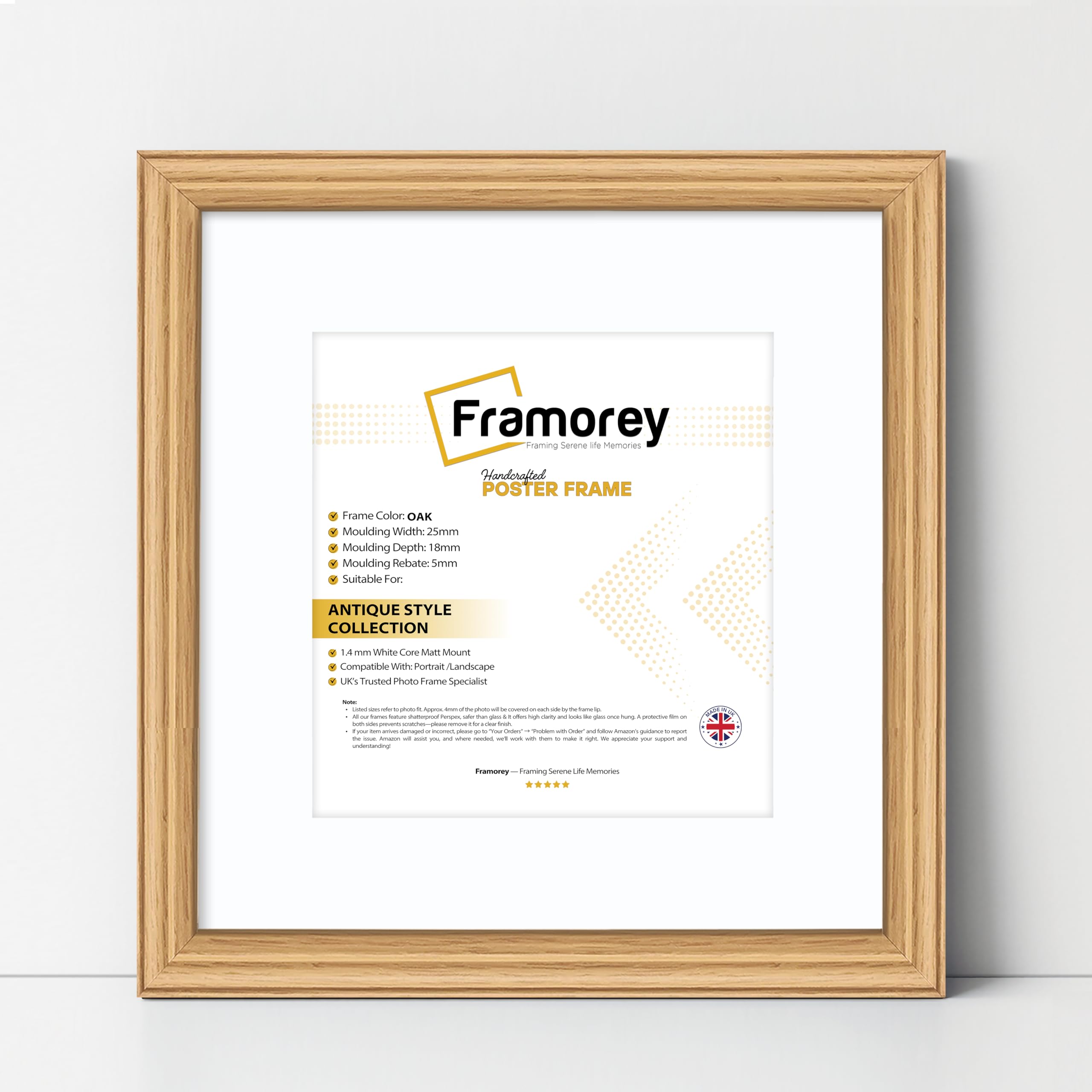 FRAMOREY Square Photo Frames, 13x13" Size Oak Picture Frame With 11x11" Size White Mount, LW Antique Style Home Wall Decor Frames, Wall Hanging Art Poster Frames, MDF Wood Frames