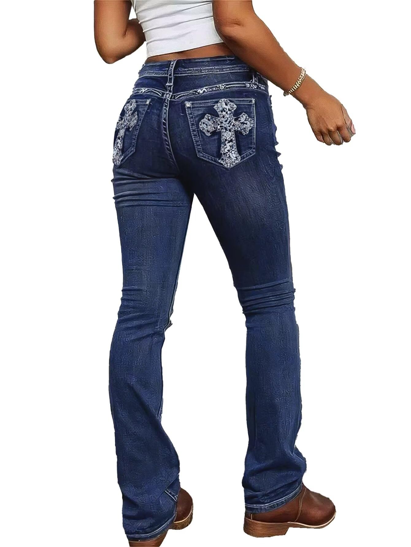 Embroidered Bootcut Jeans for Women Mid Rise Stretchy Criss Cross Graphic Curvy Bell Bottom Jeans