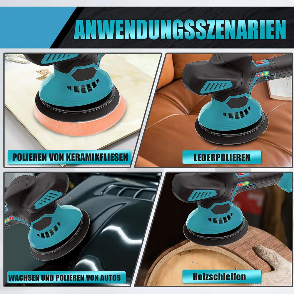 Akku Poliermaschine Auto,Ersatz für Makita 18V BL1830,21V Exzenter Poliermaschine mit 2x 3.0 AH Akku,24 PCS Aufsätze,6 Variable Geschwindigkeit(2500-5000RPM),für Autodetaillierung/Polieren/Wachsen