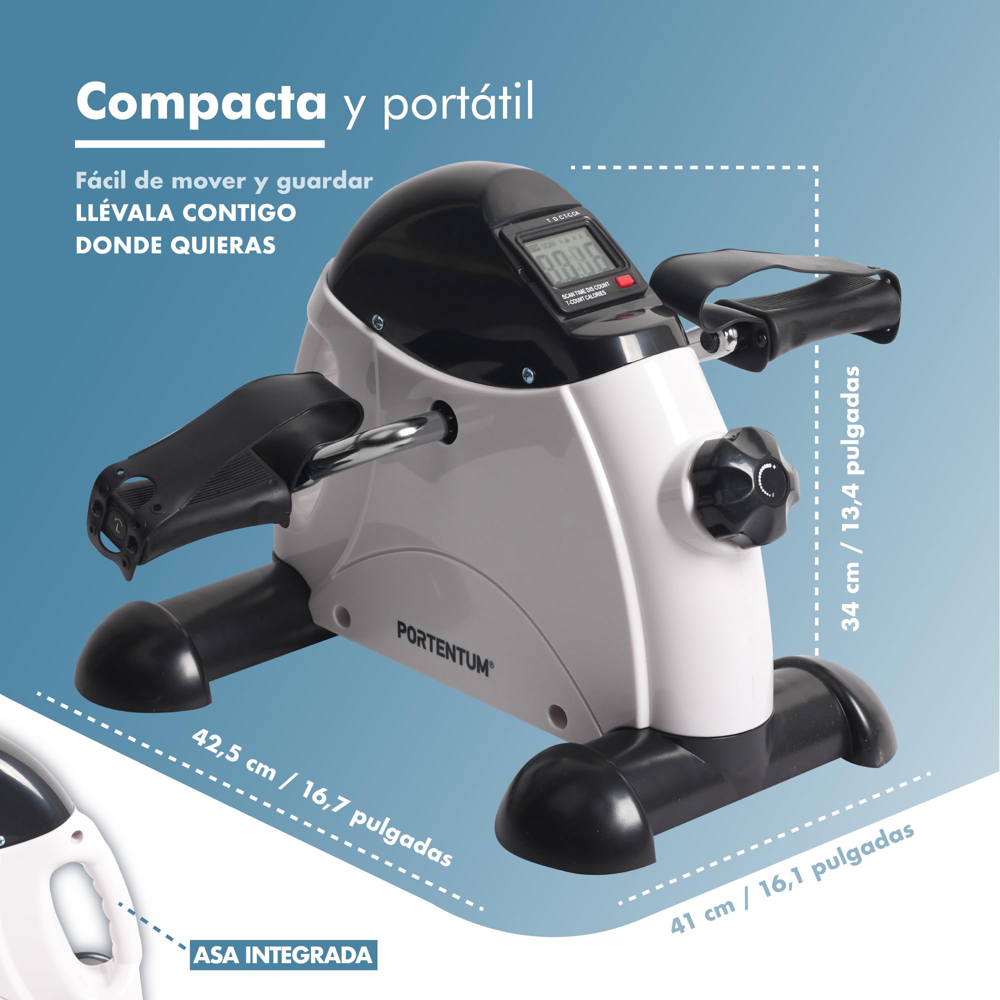 PORTENTUM Pedales estaticos Personas Mayores Pantalla LCD 6 Funciones – Pedaleador Brazos y piernas Compacto con Resistencia Ajustable y asa de Transporte – Diseño portátil para Ejercicio en casa