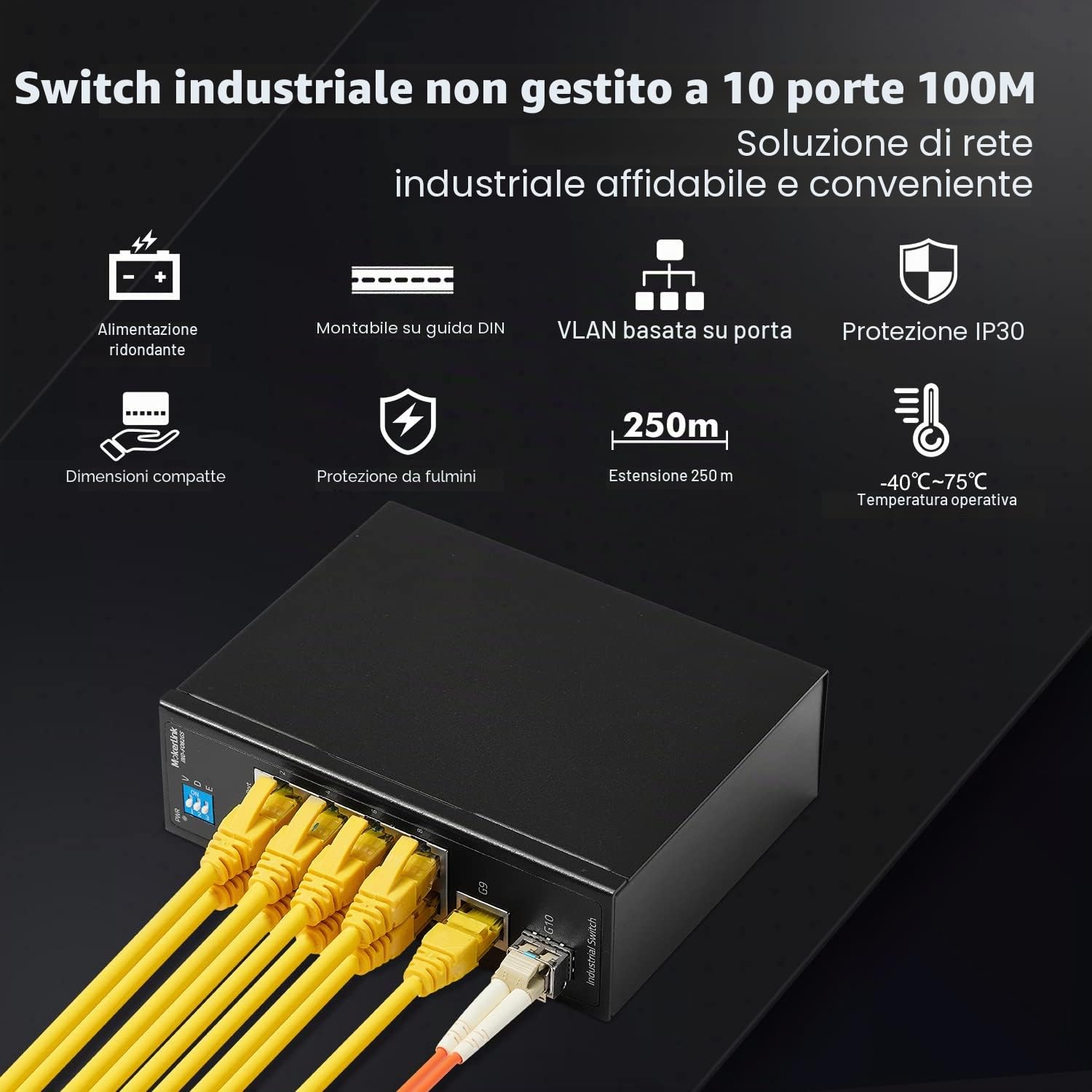 MokerLink Switch industriale DIN Rail a 10 porte, 8 porte 100 Mbps, 1 Gigabit Ethernet e 1 SFP uplink, DIN Rail & Wall Mount