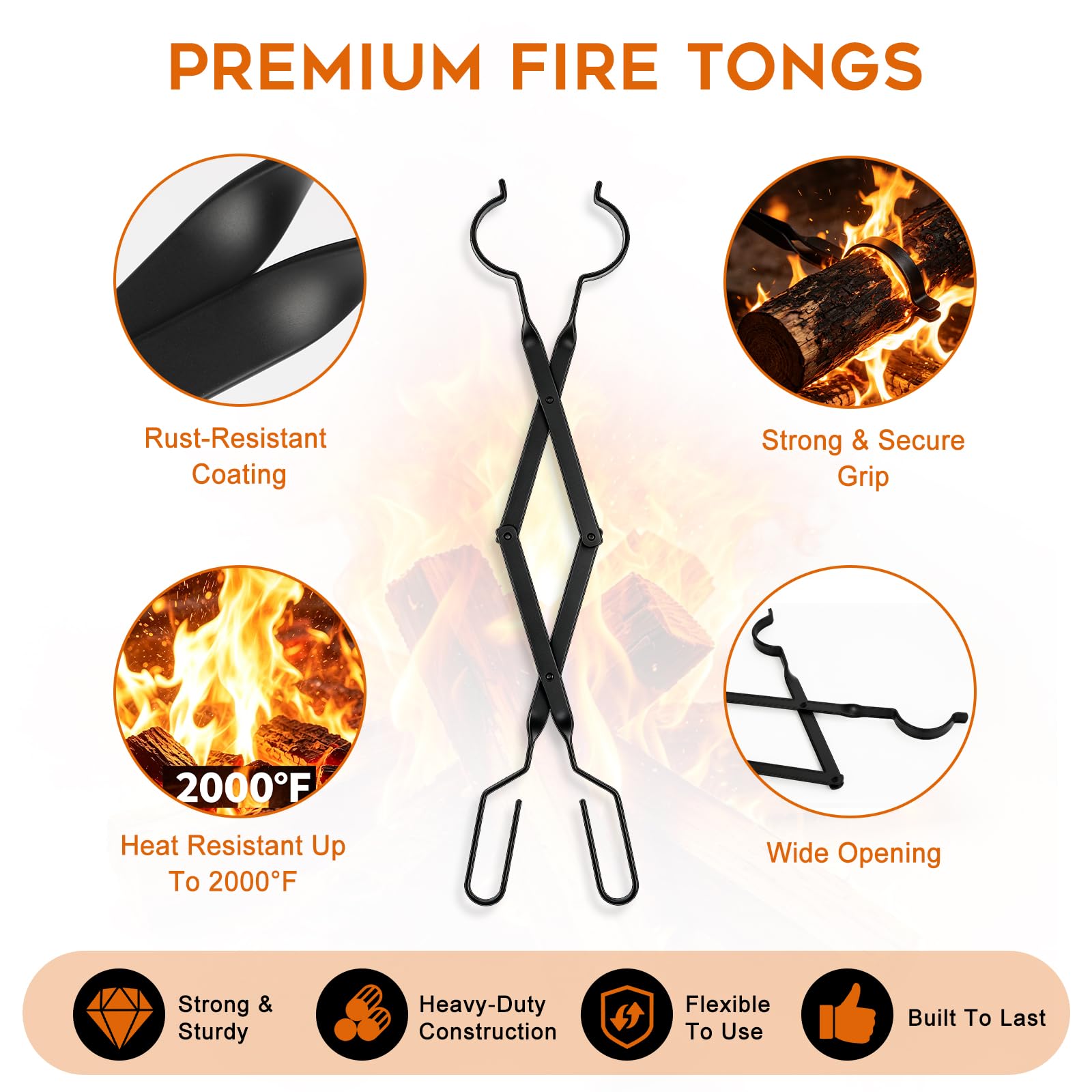 FEED GARDEN Juego de pinzas para chimenea de 32 pulgadas y pinzas de chimenea de 25 pulgadas para hoguera, accesorios de herramientas de chimenea, juego de agarrador de troncos para camping, estufa de