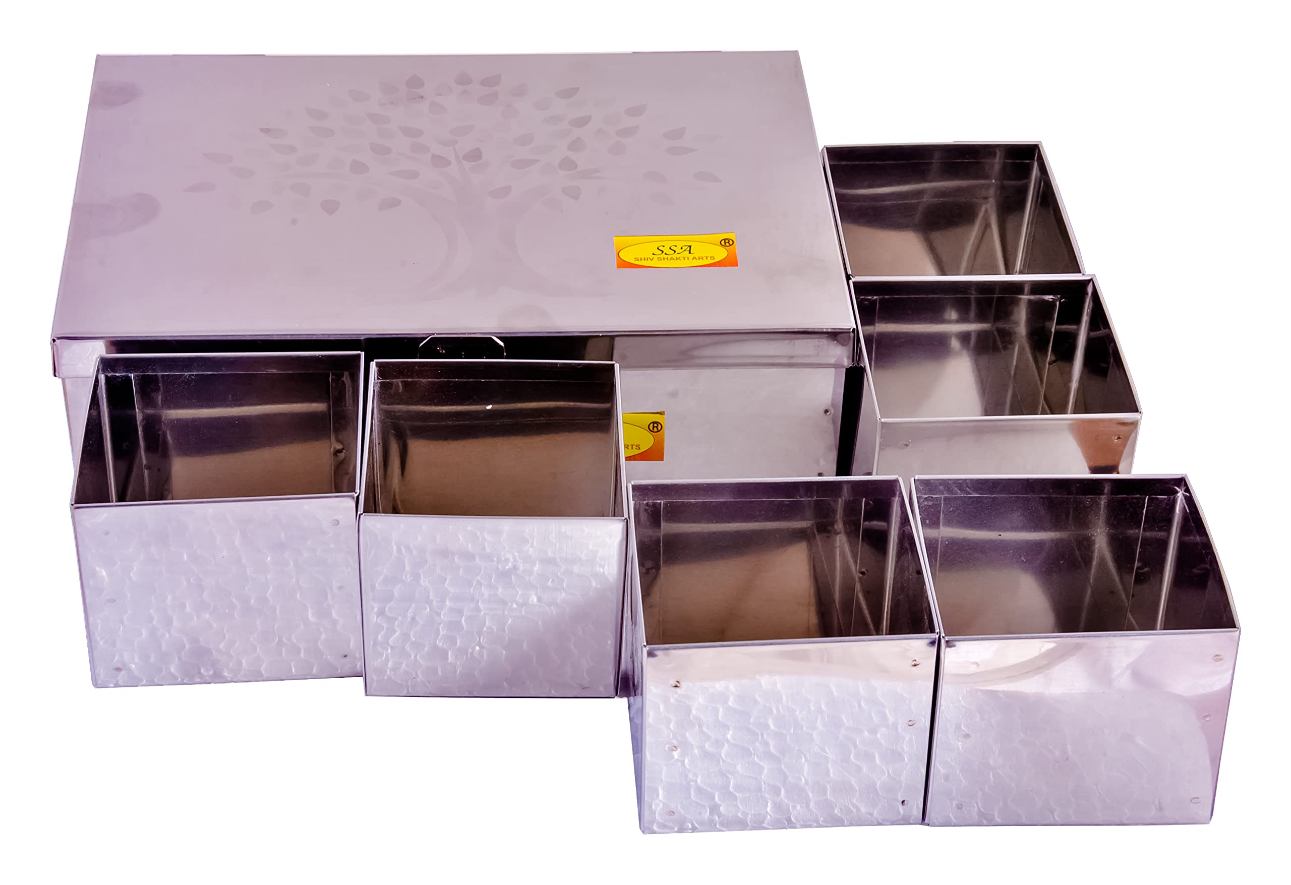 SHIV SHAKTI ARTS Stainless Steel Spice Box, 6 Compartment, Masala Dabba Utility Container, Masala Peti (1 piece,Steel,Large) W-18 cm, H-6.5 cm, L-26 cm - Image 4 thumbnail