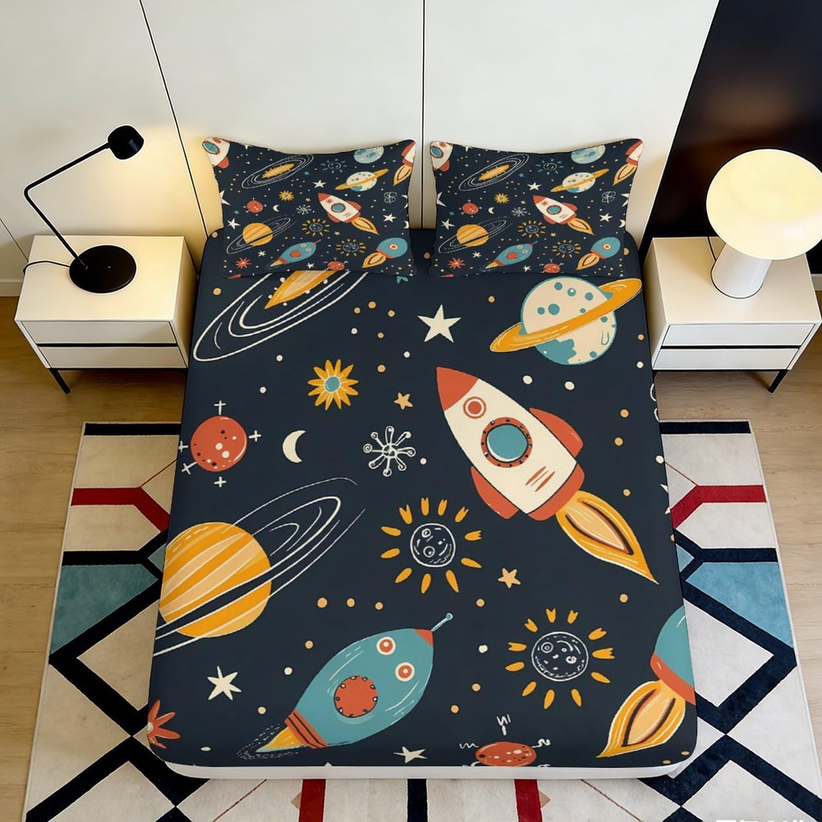 Pnayamiorkfel Style-2 3D Printed Rocket Space Fitted Sheet Microfiber Soft Breathable Planet Galaxy Mattress Cover For Bedroom Dorm Decor 90X200x25cm