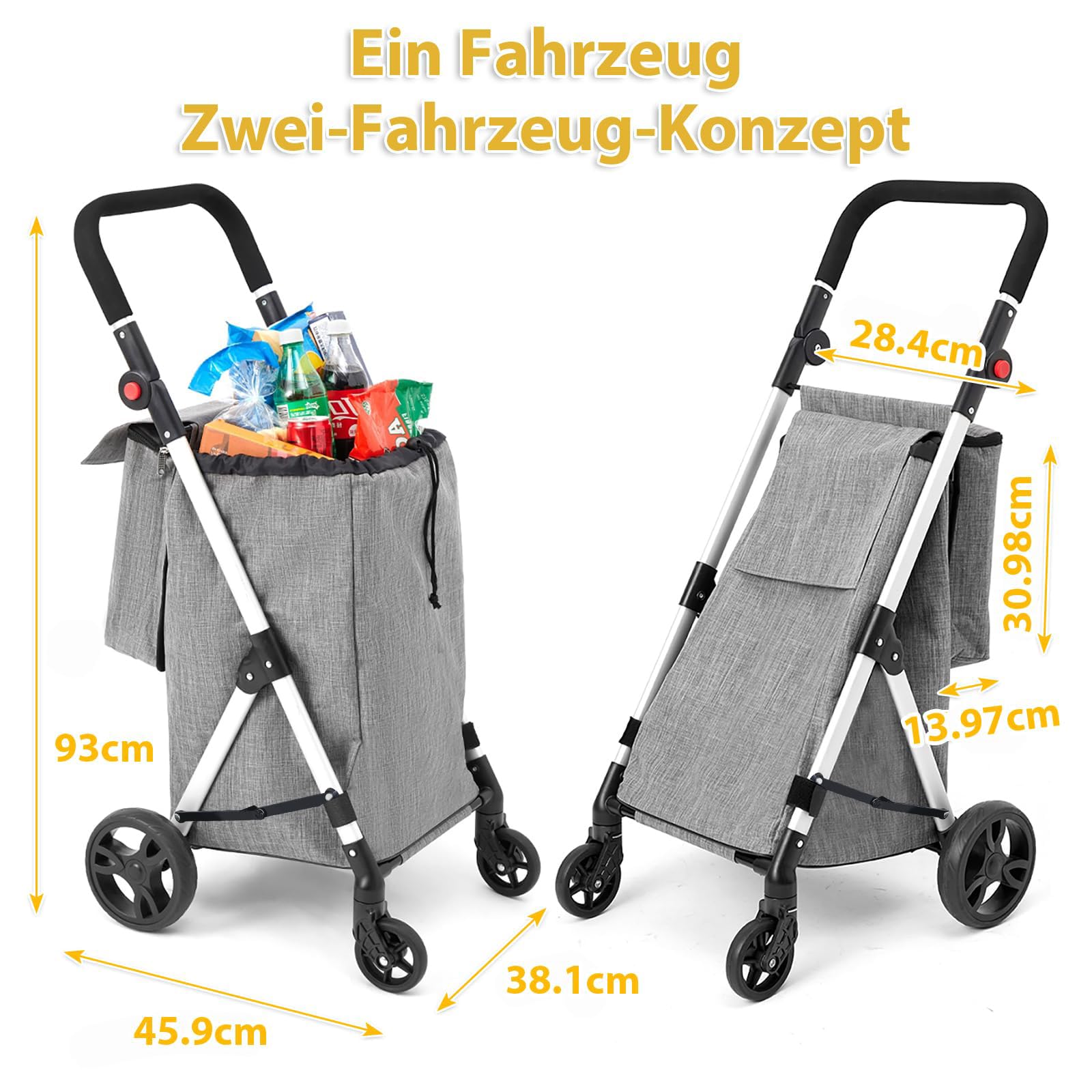 Einkaufstrolley, 46L Trolly Einkaufswagen Klappbar, 4 Rädern Aluminium Leichtgewicht Einkaufstrolley, mit Isolierter Kühltasche, Stabil und Leicht zu Verstauen Einkaufswagen (grau)