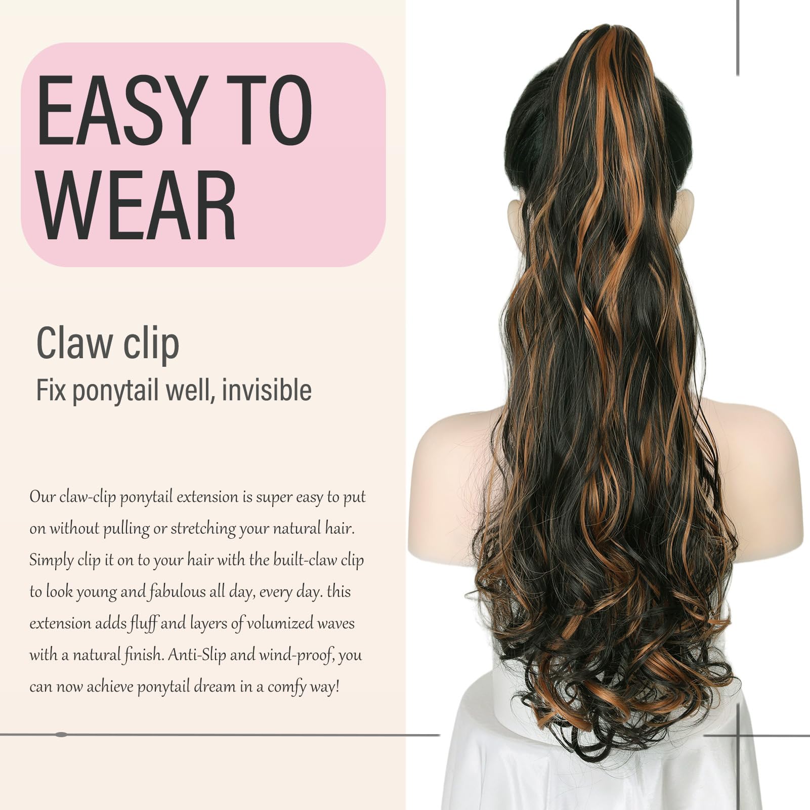 Dcbaboo Ponytail Extension Curly 18inch Claw Clip in Ponytail Hair Extensions Long Wavy Synthetic Pony tails Natural Wave One Piece Hairpiece Fake Ponytail for Women Dark Brown & Auburn - Image 4