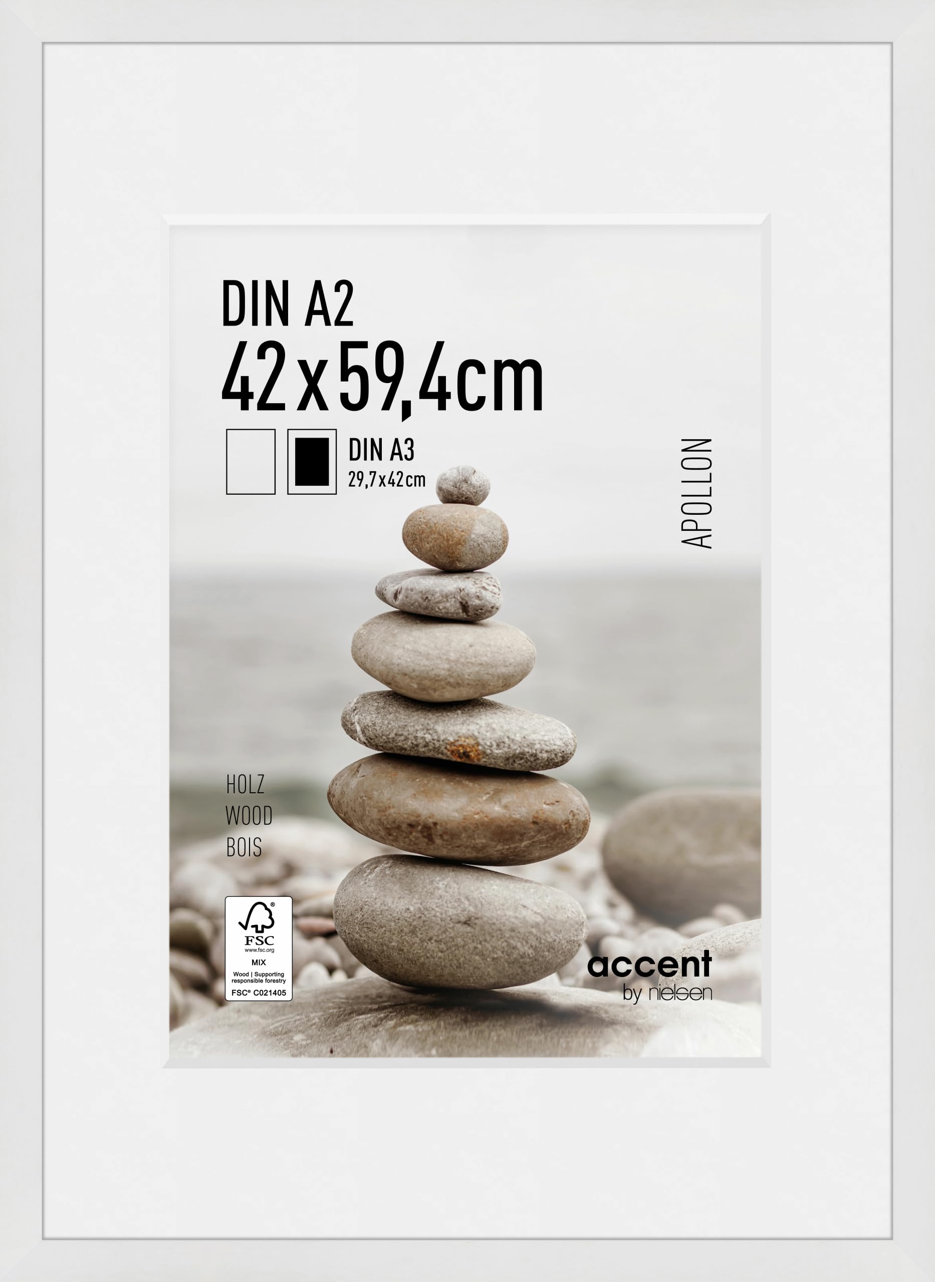 accent by nielsen Apollon Wooden Picture Frame - White A2 (42x59.4cm) with White Mount for A3 Picture - Float Glass and Easy Push and Turn Clips