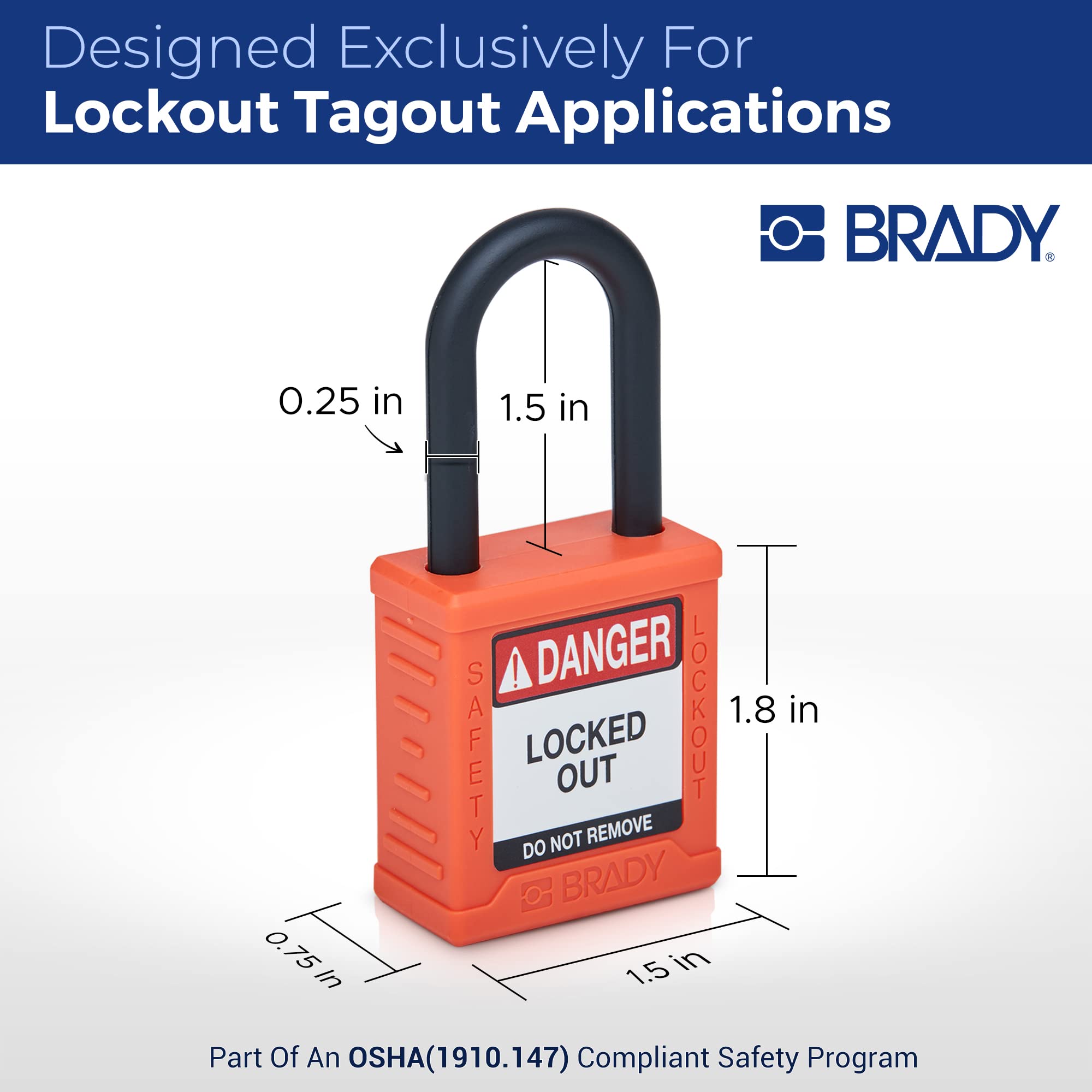 Brady Juego de candados de bloqueo de seguridad, paquete de 6 unidades, color naranja, con llave, candado de bloqueo de seguridad, 1 llave por cerradura, SDPL-ORG-38PL-KA6