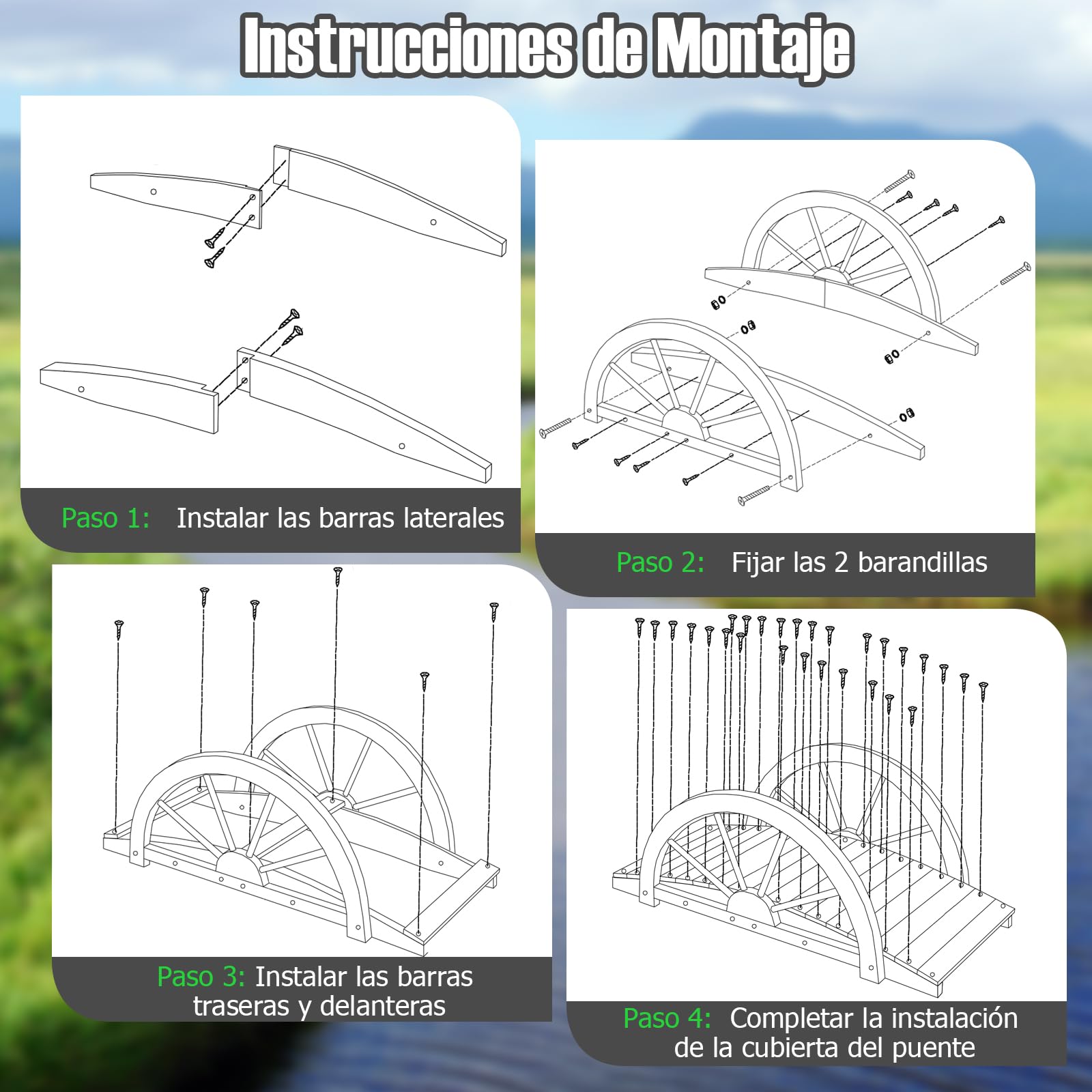 GOPLUS Puente de Jardín de Madera Abeto de 100 cm, Puente de Arco con Barandillas de Seguridad en Forma de Rueda, Puente Decorativo para Estanque Patio Jardin Arroyo Granja, 101,5 x 48,5 x 38 cm