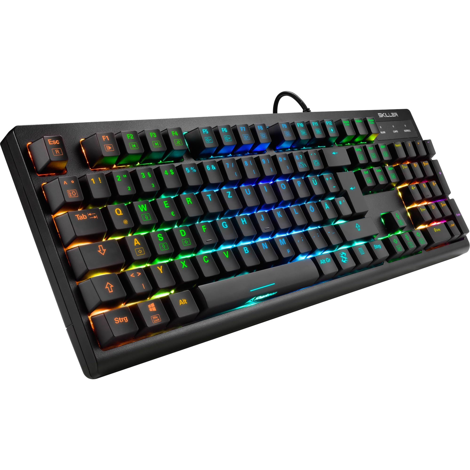 Von oben nach unten view of the Sharkoon Skiller SGK30 keyboard with RGB lighting