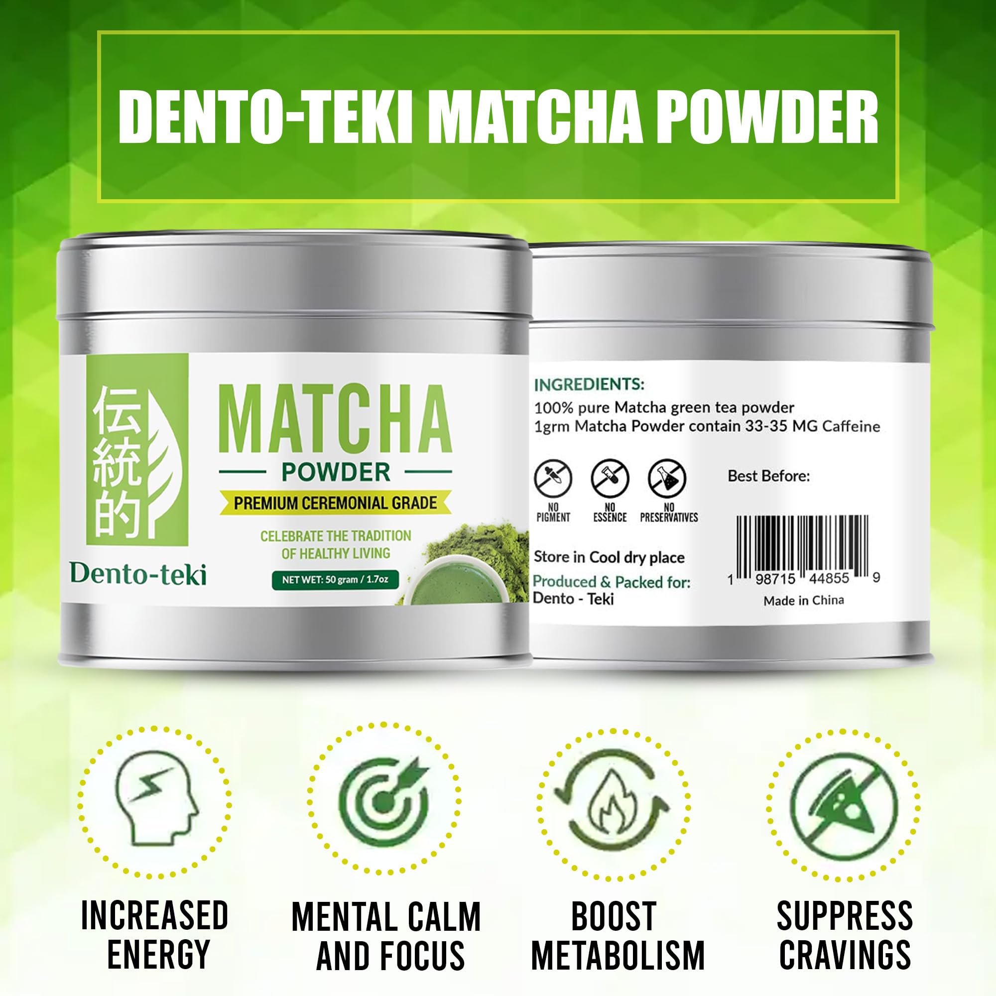 Dento-teki Ceremonial-Grade Matcha Powder 50g 1 75oz Pure Chinese Green Tea Stone-Ground Bold Flavor Bright Green Perfect for — view 2