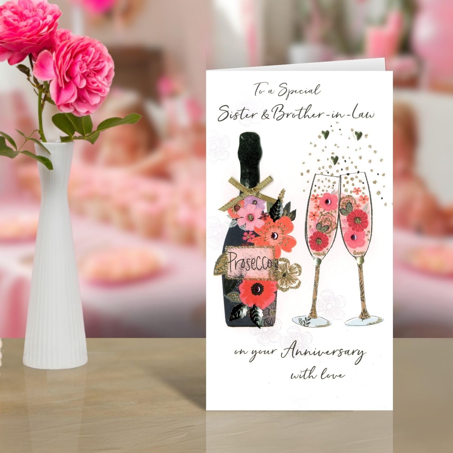 Sister & Brother-in-Law Anniversary Greeting Card Hand-Finished Champagne Range Cards JGS628, white|pink|grey|oak|black, 14cm x 24cm - Image 3