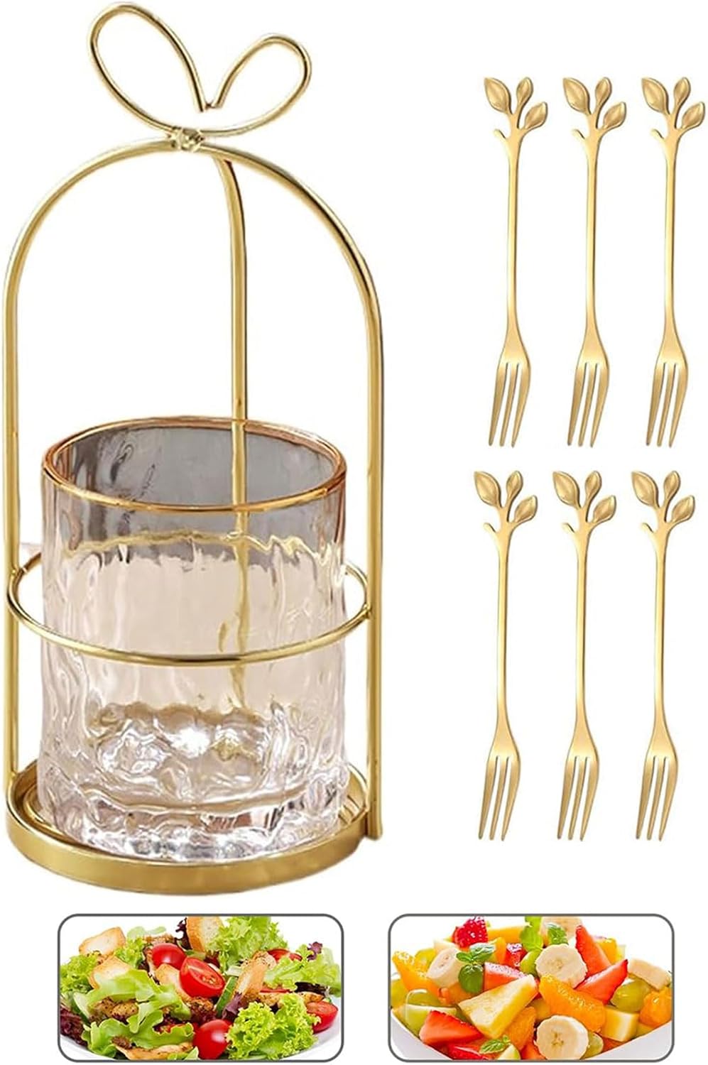 6-Piece Stainless Steel Fruit & Dessert Forks Set with Decorative Holder, Elegant Forks for Cake, Cocktails, Kitchen Display & Home Decor, Afternoon Tea Forks