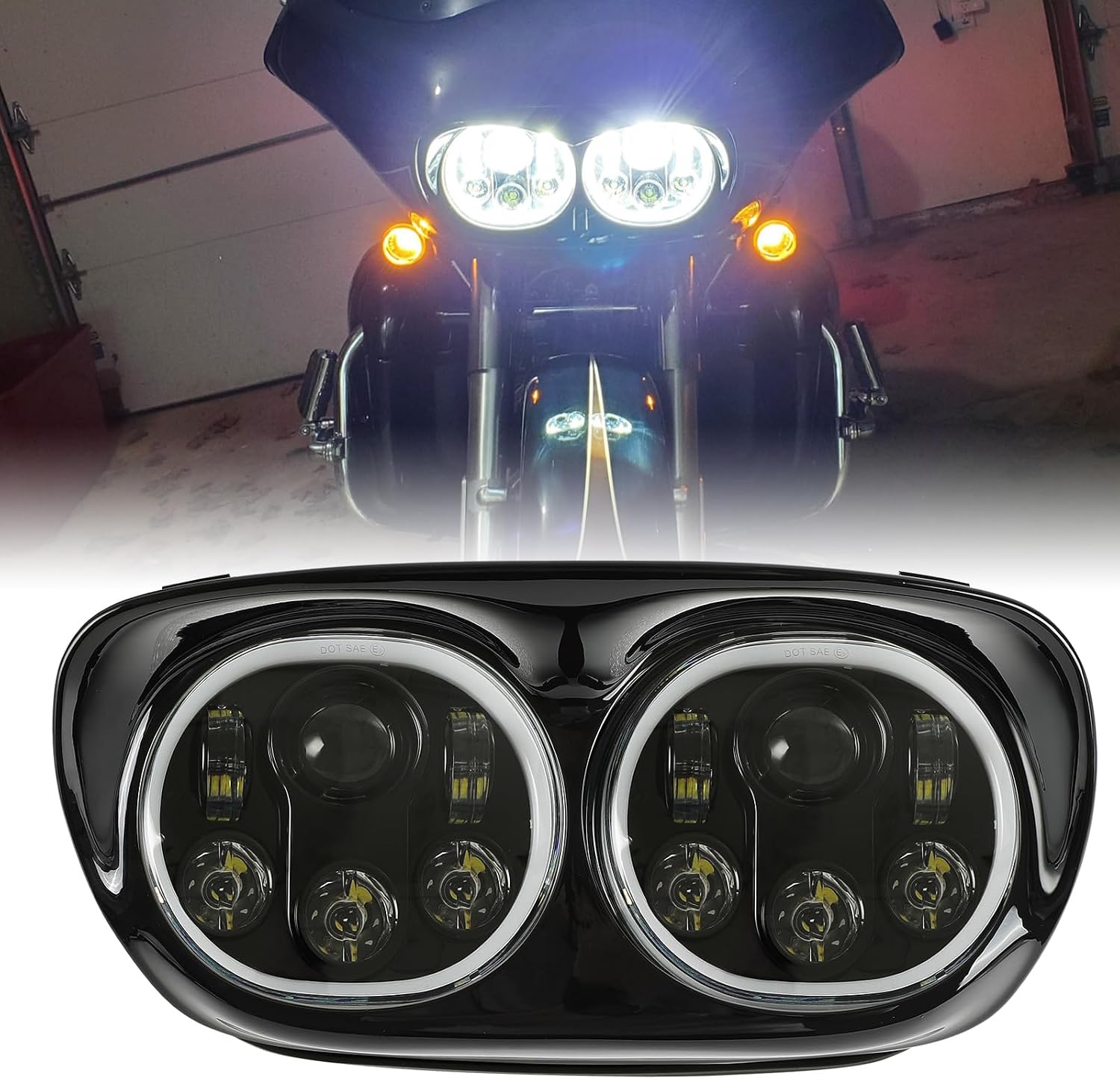 SUNPIE 5-3/4" Chrome Motorcycle LED Headlight, Motorcycle Projector Dual LED Headlight Compatible with Harley Road Glide 2004-2013 Accessories,Black