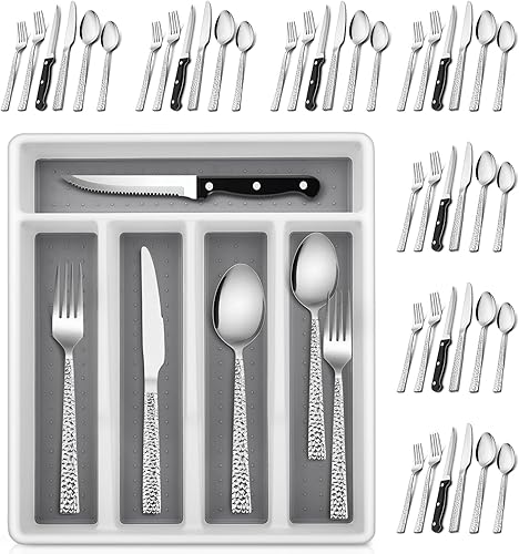 E-far Juego de cubiertos martillados con organizador, 49 piezas de cubiertos de acero inoxidable para 8, juegos de utensilios de cocina con