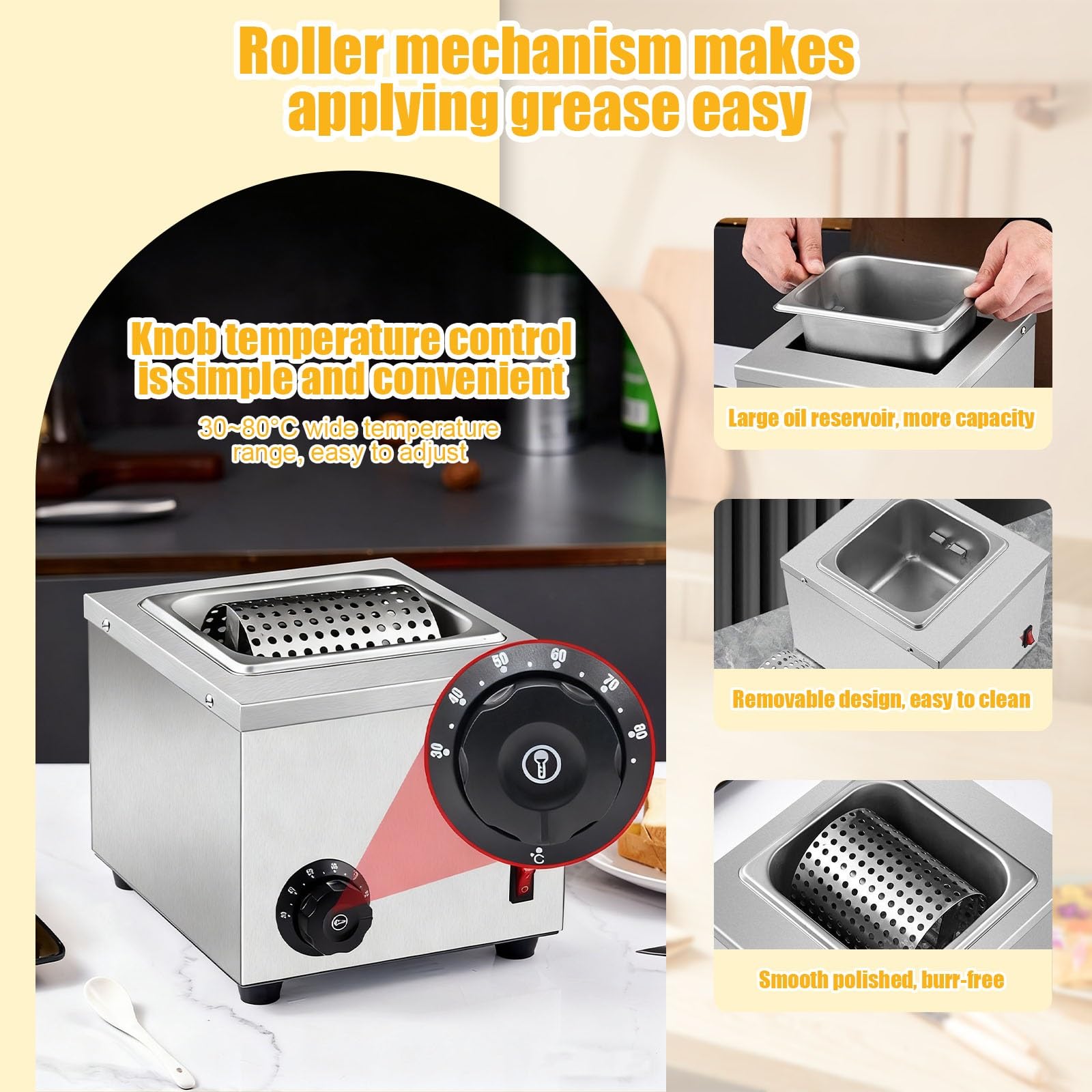 Elektrischer Butterapplikator, Instant-Butterschmelzer, einstellbare Hitze, rostfrei, Edelstahl, ideal für Bäckereien, einfach zu bedienen, perfekt zum Kochen und Backen