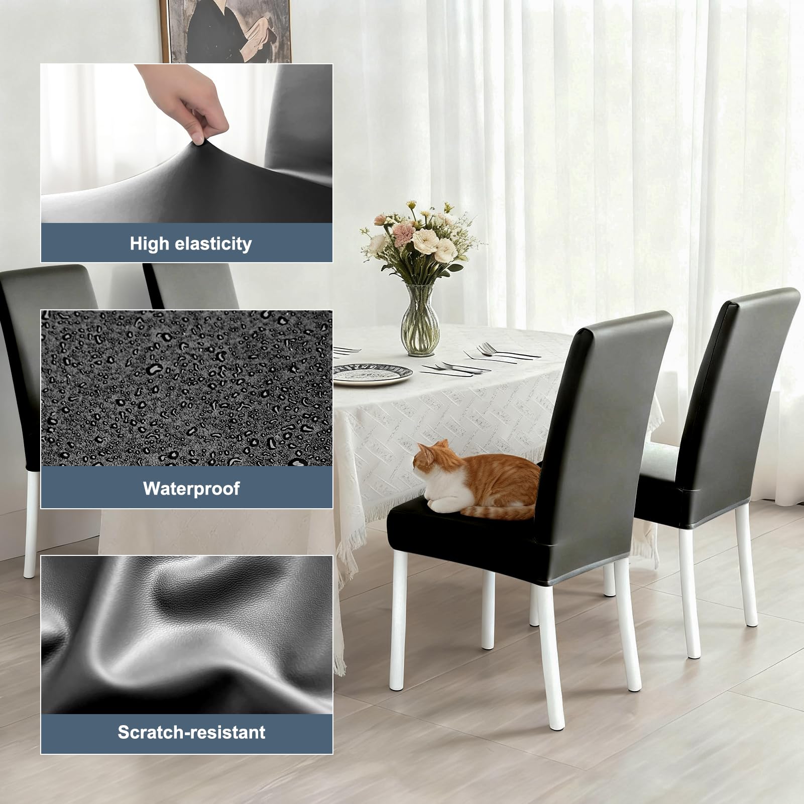 Lot de 6 housses de chaise de salle à manger à dossier haut extensibles et lavables en similicuir – Protection universelle pour salle à manger, cuisine, hôtel, restaurant, maison, mariage