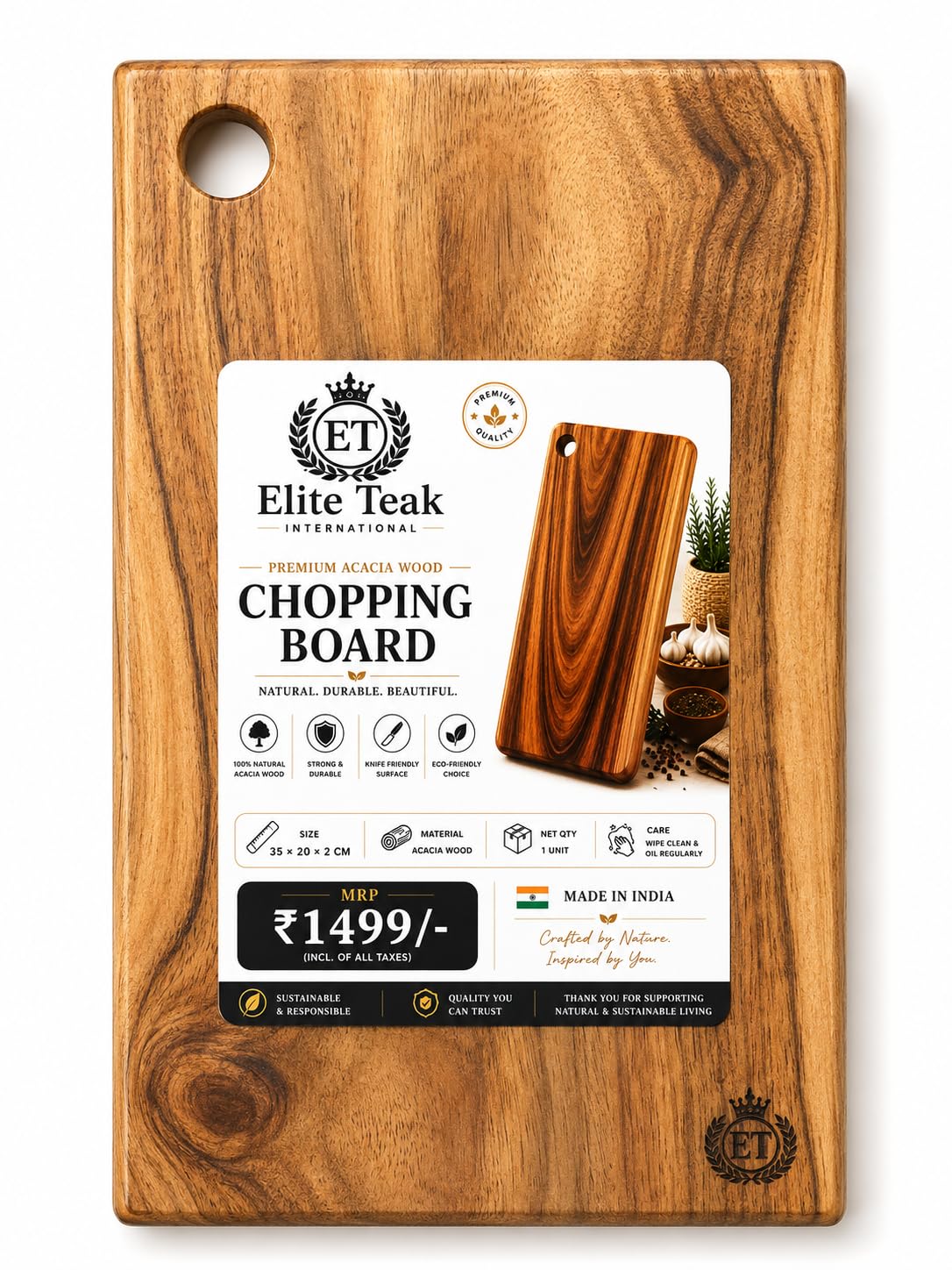 Premium Acacia Wood Chopping Board | Single Solid Slab | Reversible | 100% Single Solid Acacia Wood | 2cm Thick | Reversible | Food Safe | No Joints-picture-26