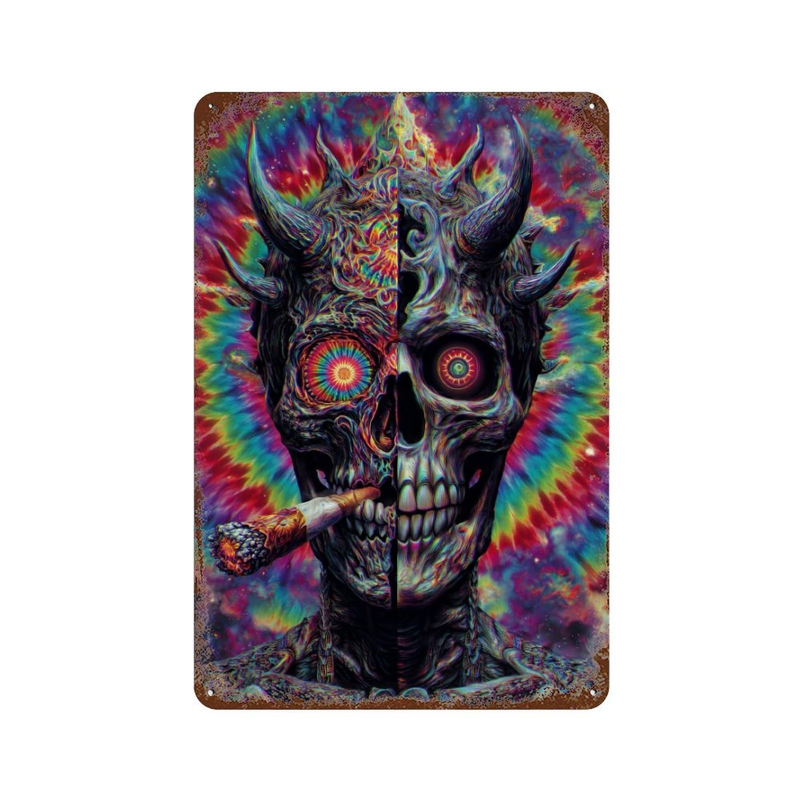 Vintage Rust Metal Sign Psychedelic Demon Smoking Art Print 11.8"x7.9", Novelty Wall Decor for Garage, Bar And Workshop Decor