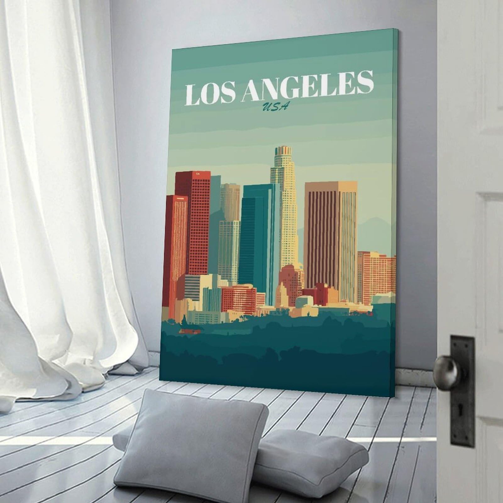 Junmoney Los Angeles Skyline Vintage Wall Art Print 20x30inch(50x75cm), for Corridors, Hallways Or Apartment Entries, Wall Decor to Refresh Empty Corners