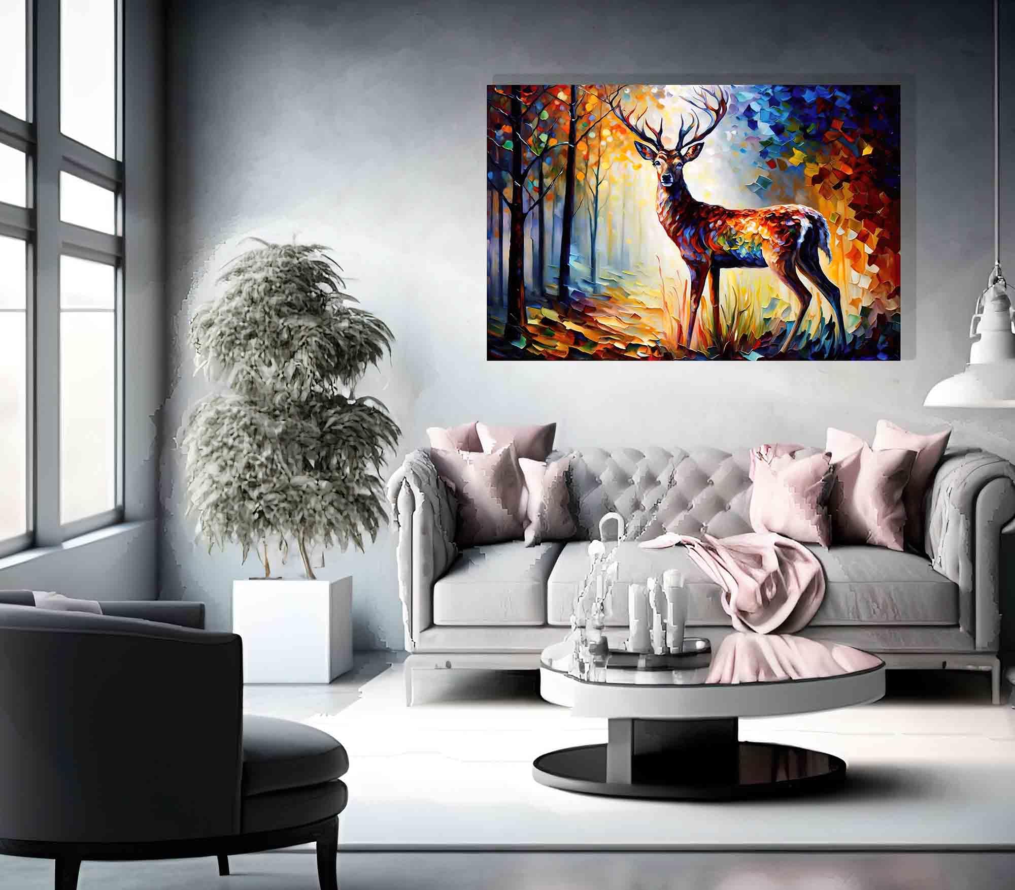 Artley Prints - Majestic Deer in Forest Colourful Canvas Pictures for Walls - Art for Living Room Abstract Animal Artwork Prints, 51 x 35cm (20 x 14 inches) — view 2