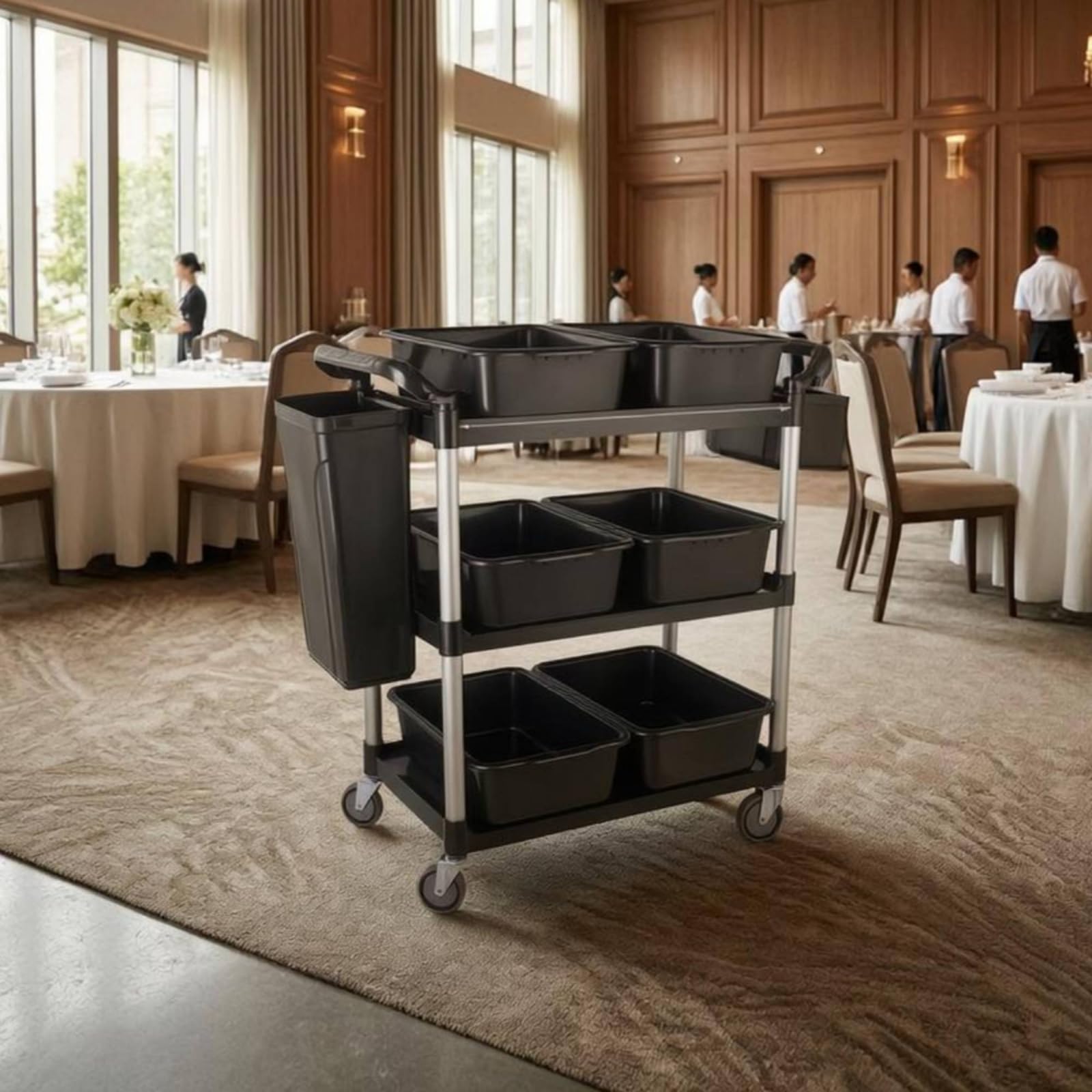 Colcolo Carro de Servicio Comercial de Cocina Profesional con Estructura Estable Compartimientos Rectangulares Fácil Desplazamiento Adecuado para Negocios de, Negro, Ruedas Silenciosas