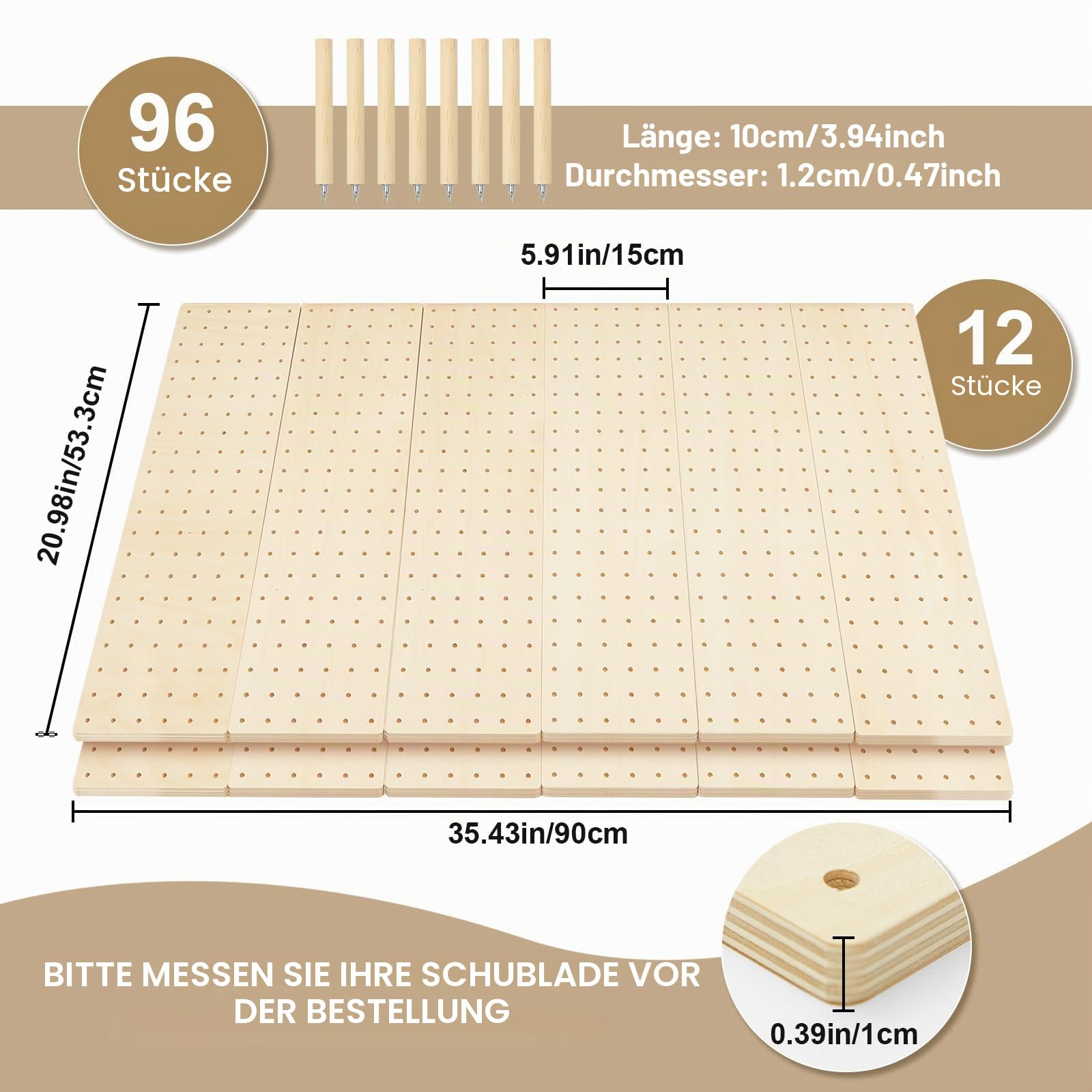 Kigley Stecktafel-Schubladen-Organizer mit 96 Schubladen, Holz-Küchenteller, Organizer für Geschirr, Lebensmittelbehälter, Kochgeschirr, Utensilien (53,3 cm, Holzfarbe)