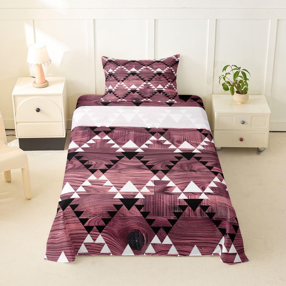 Erosebridal Pink Aztec Boho Sheet Set Wooden Plank Print Western Twin Sheets Set for Toddler Boys,Southwestern Native Aztec Ethnic Geometric Pattern Retro Fitted Sheet