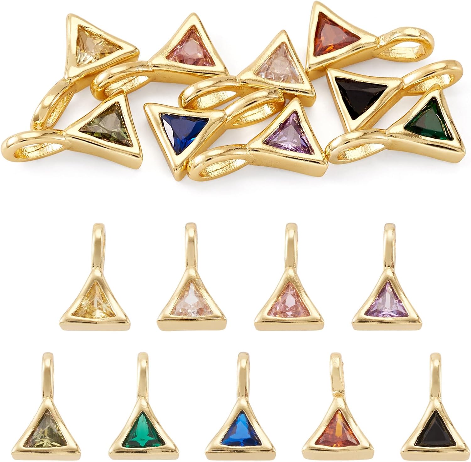 Cheriswelry 9Pcs Cubic Zirconia Charms Gold Plated Triangle Glass Pendants Link Metal Dangle Charms 11.5x7.5mm for DIY Necklace Bracelet Earring Jewelry Making Supplies