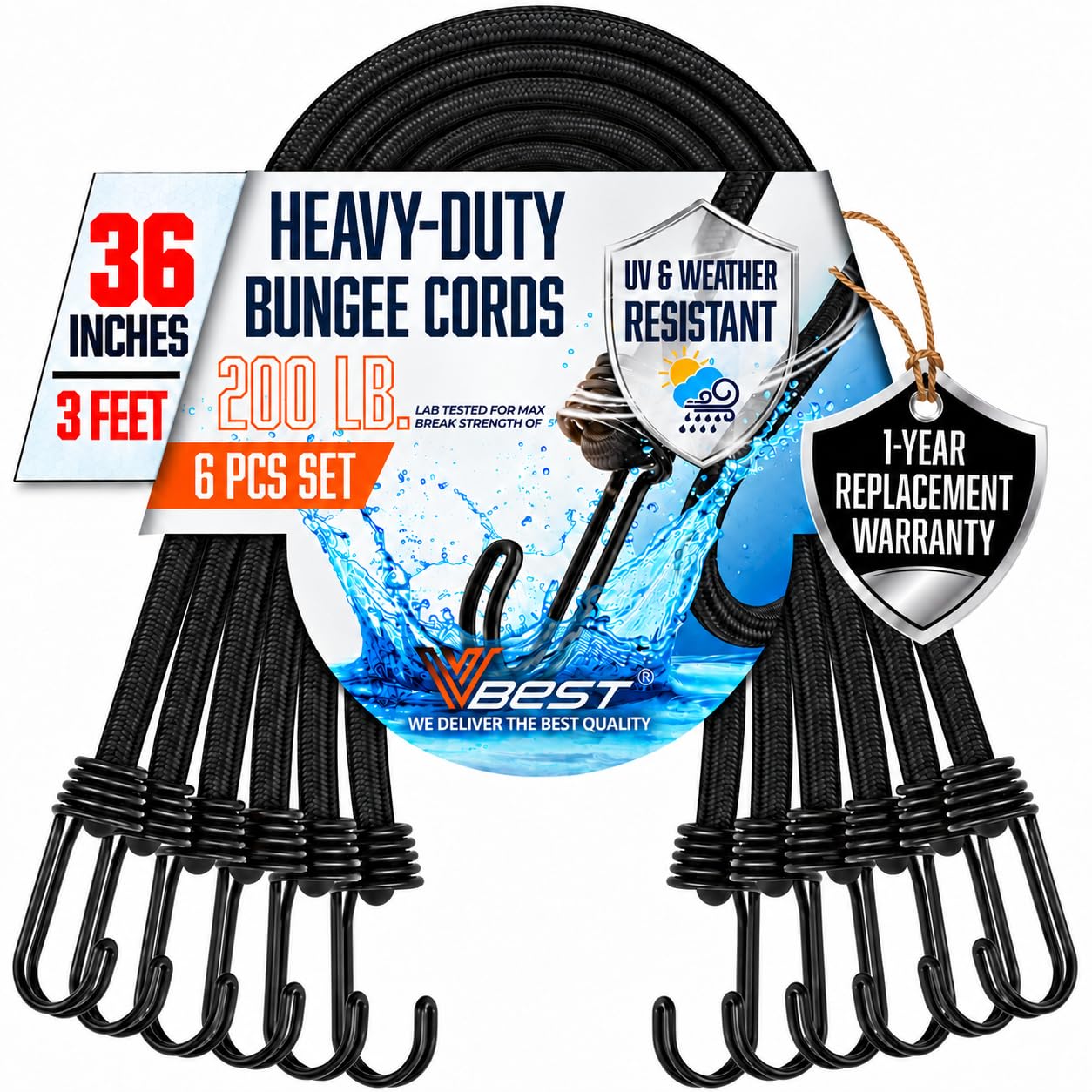 Bungee Cords with Hooks 36 Inch - 6Pcs Heavy Duty Outdoor 3ft Bungees