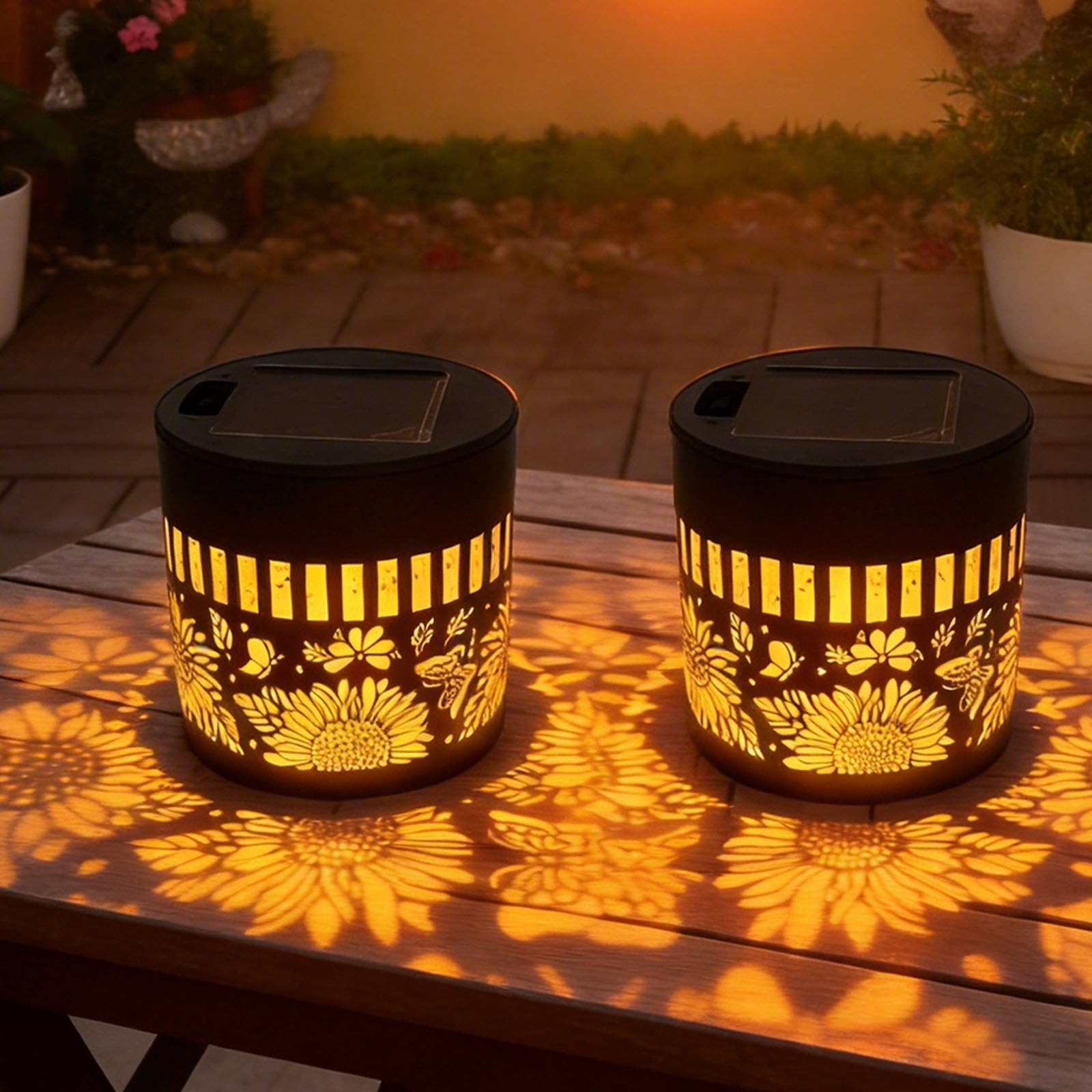 Solar-Powered Mandala Projector Light, Decorative Solar Mandalas Fence Lights, Metal Shadow Light Projector for Fence, Patio, Garden, Warm White LED Decorative Lighting (Sunflower,2pcs)