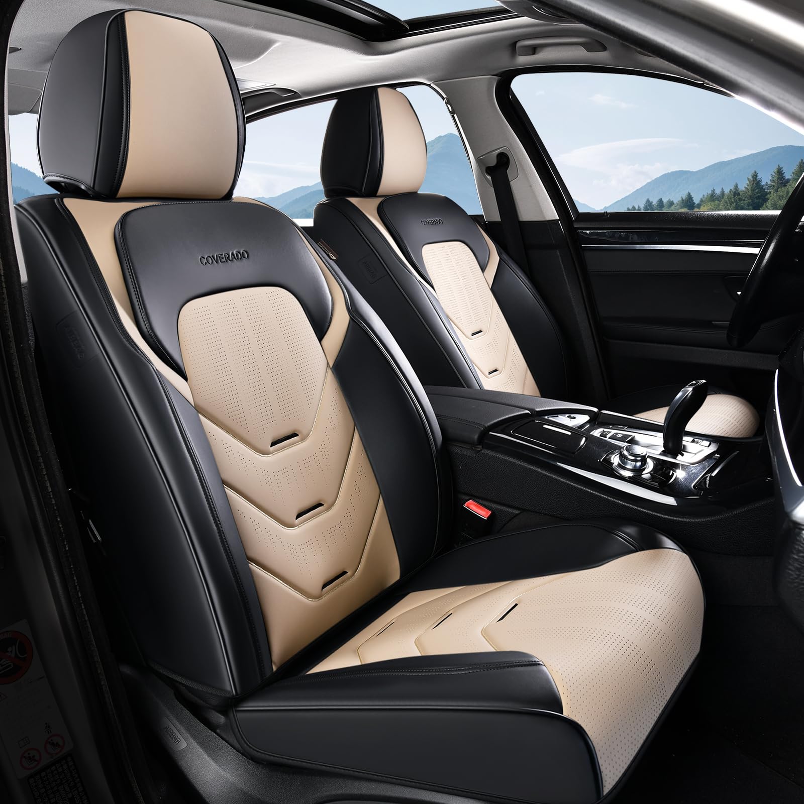 Coverado Front Seat Cover, Black&amp;Beige Seat Cover for Cars, Waterproof Leather Car Seat Cover, Front Car Seat Protector Driver Seat Cover, Car Seat Cushion Universal Fit for Most Sedans SUV Trucks